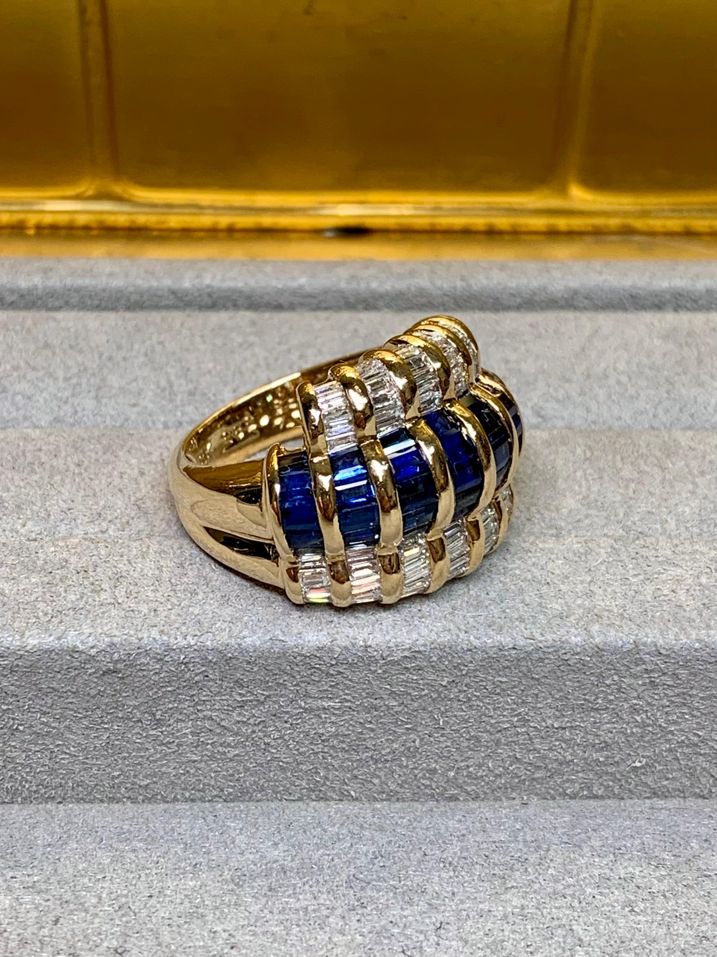 Contemporary Levian Channel Set Baguette Diamond Sapphire Bypass Cocktail Ring Sz 7 For Sale
