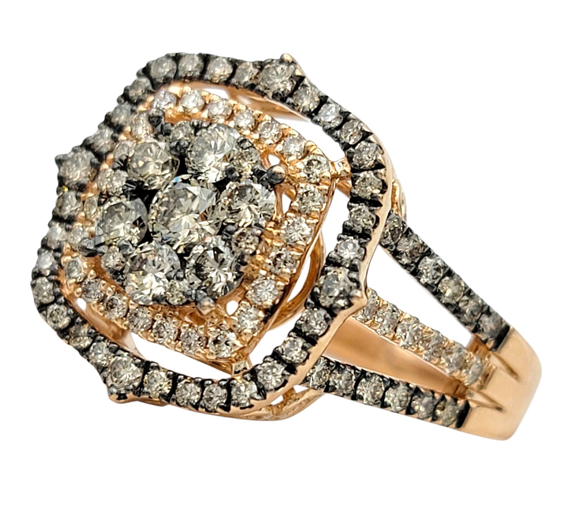Ring Size: 7

Rich, bold, and unmistakably Le Vian, this halo cluster ring is a striking fusion of color and sparkle. Crafted in 14 karat rose gold with black rhodium accents, it showcases a luxurious palette of chocolate and nude diamonds. At the