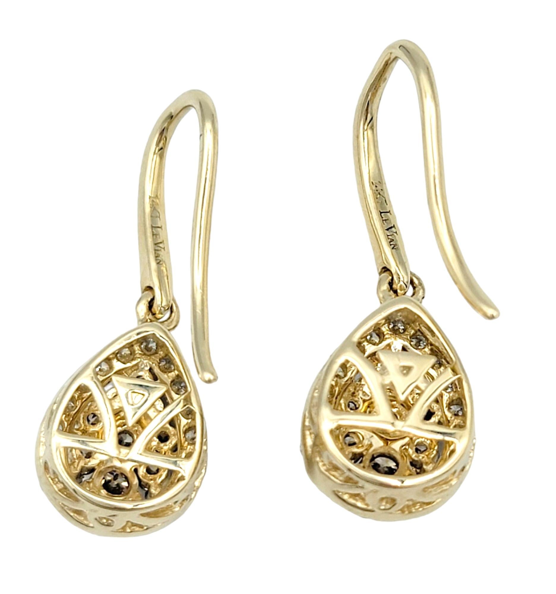Round Cut Le Vian Chocolate and White Diamond Dangle Earrings Set in 14 Karat Yellow Gold For Sale