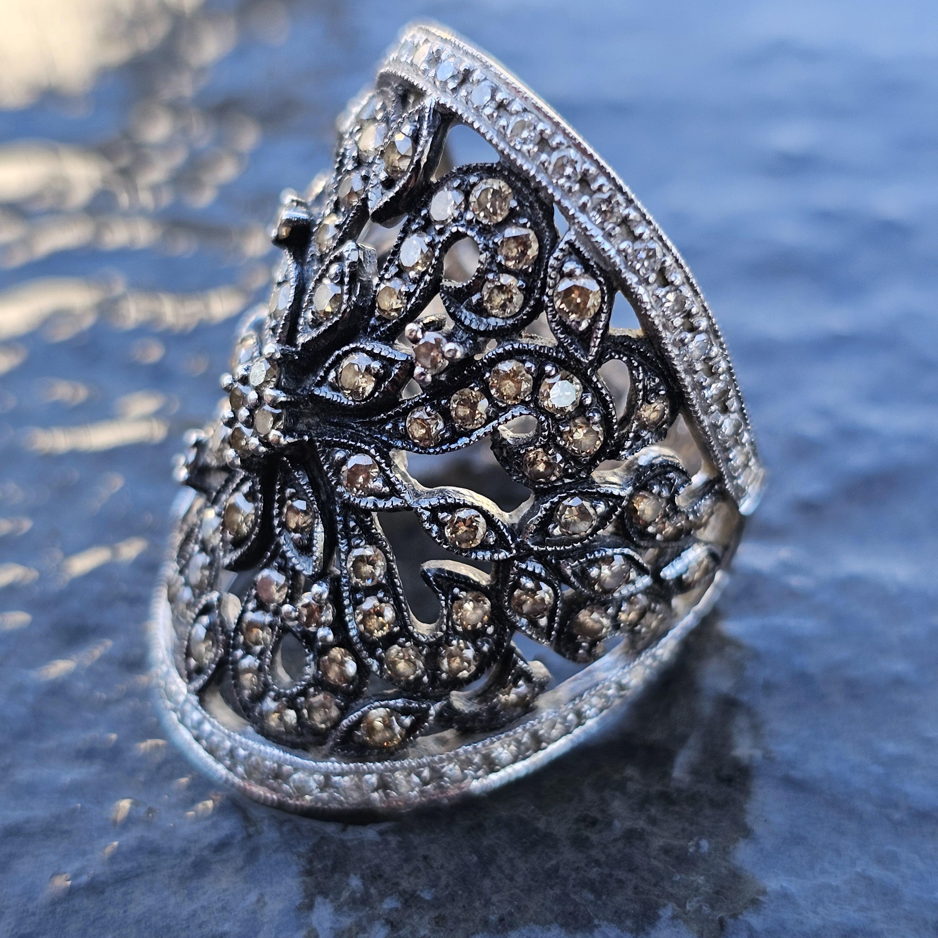 Round Cut Levian Chocolate Diamond Saddle Wide Ring Band 14k White Gold sz 6.75 For Sale