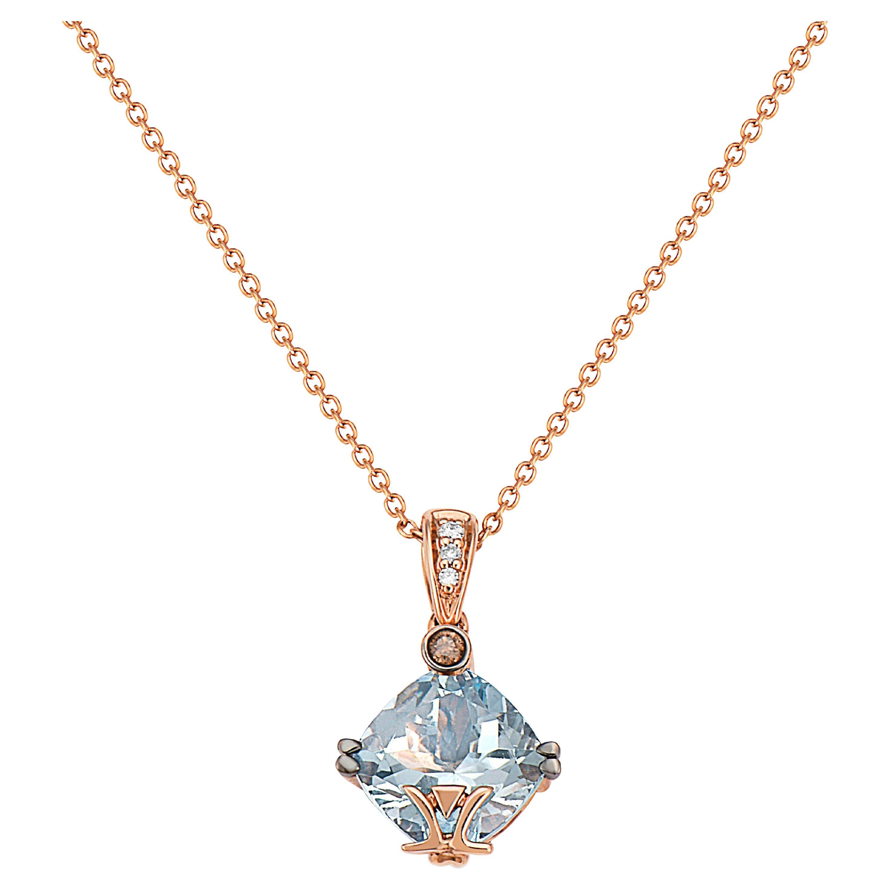 LeVian Cushion Aquamarine Gem & Diamond Pendant in 14K Rose Gold-1 1/3 cts For Sale