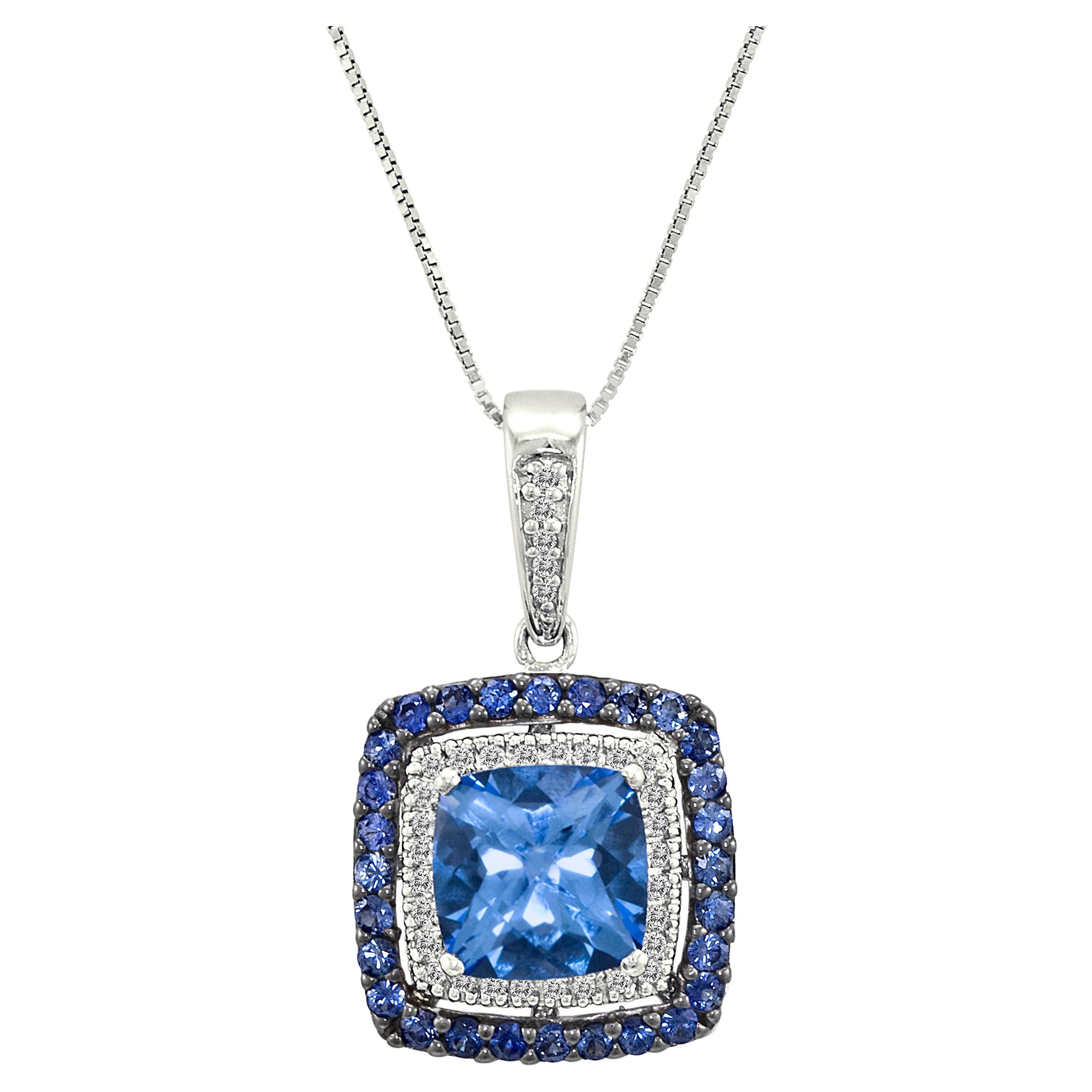 Levian Cushion Blue Topaz Sapphire White Diamond Pendant in 14K White