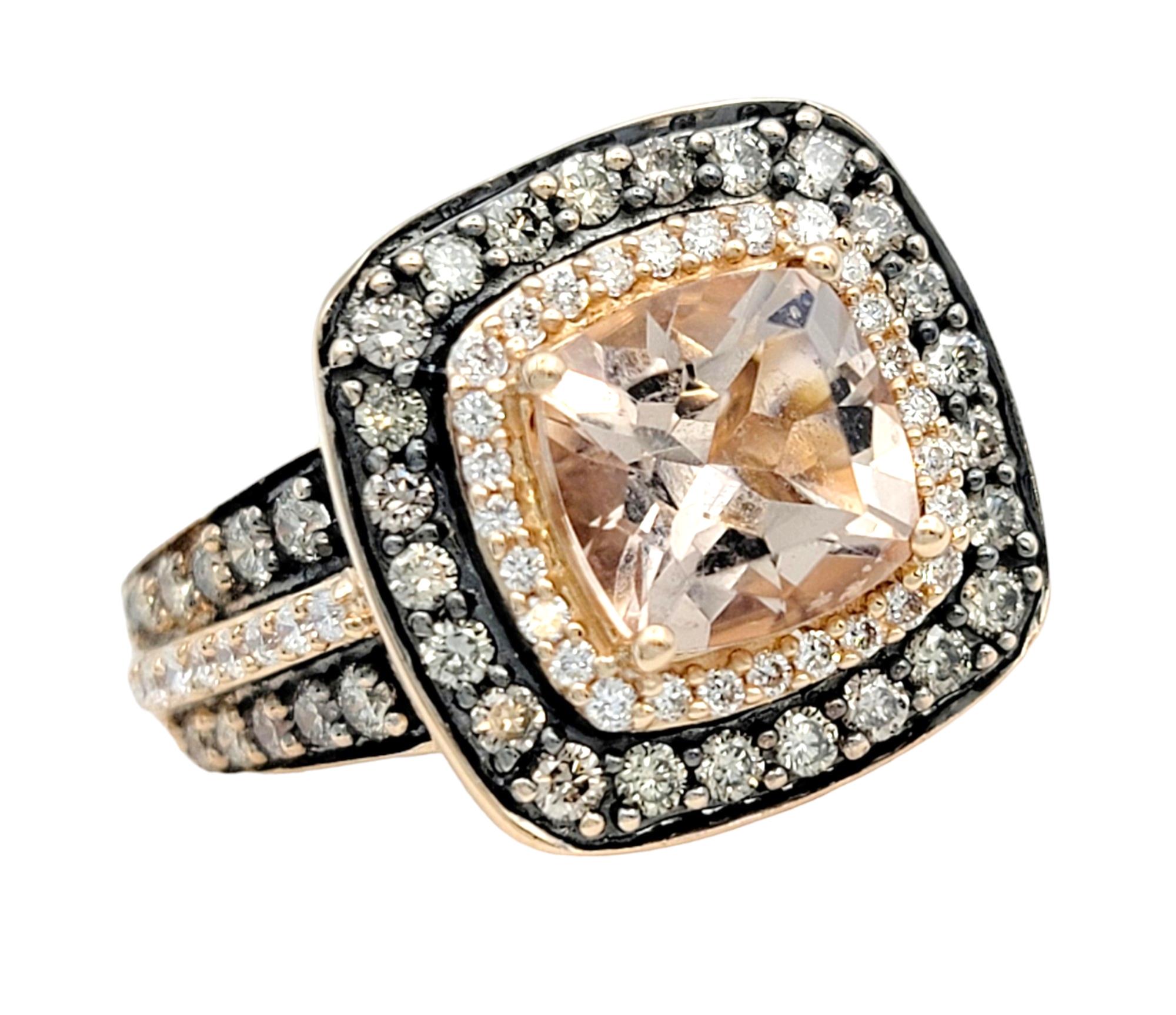 Ring size: 4 

This gorgeous Le Vian cocktail ring, set in lustrous 14 karat rose gold, is a mesmerizing symphony of color and brilliance. At its heart is a breathtaking 1.00 carat cushion-cut morganite. The morganite's dreamy hue is absolutely