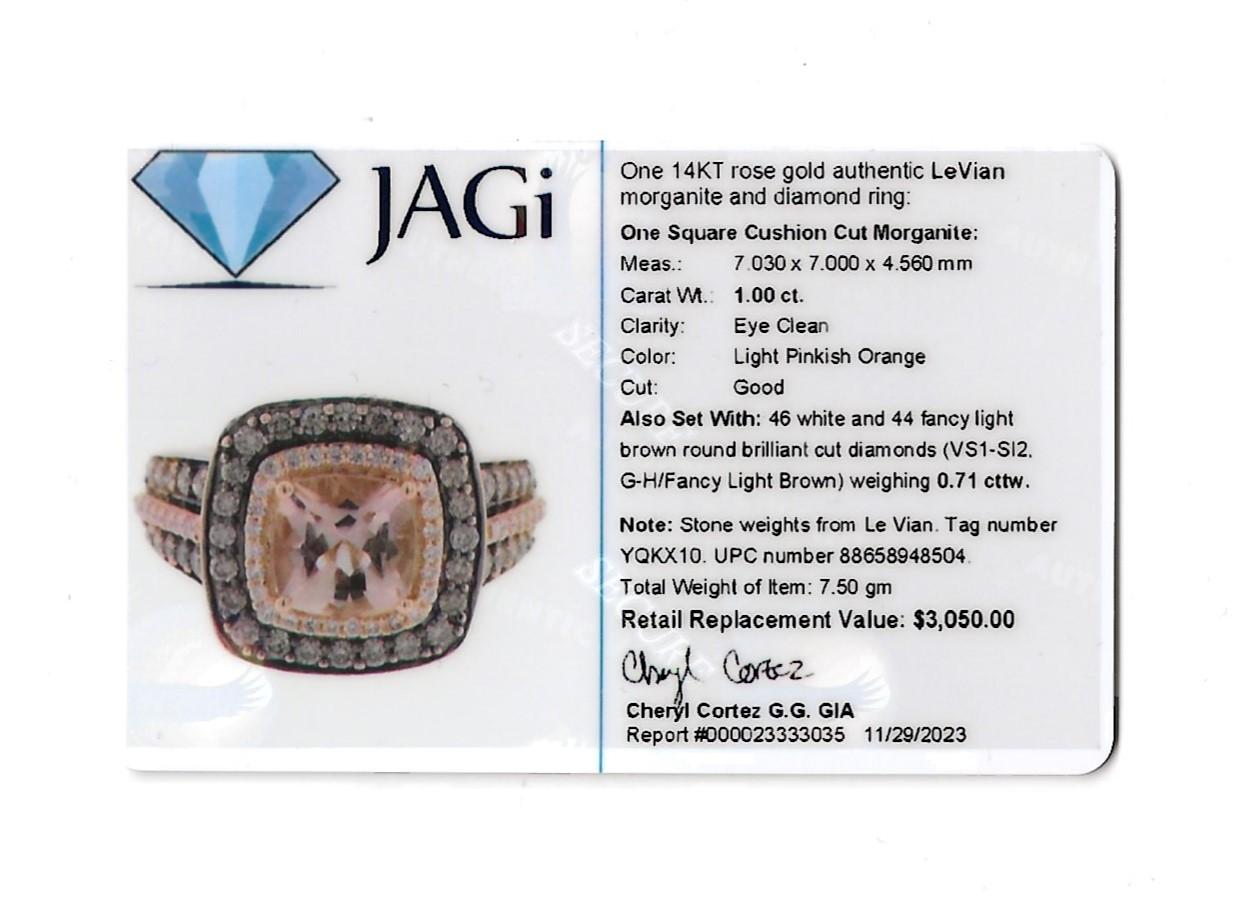 Le Vian Cushion Cut Morganite and Diamond Halo Cocktail Ring 14 Karat Rose Gold For Sale 4