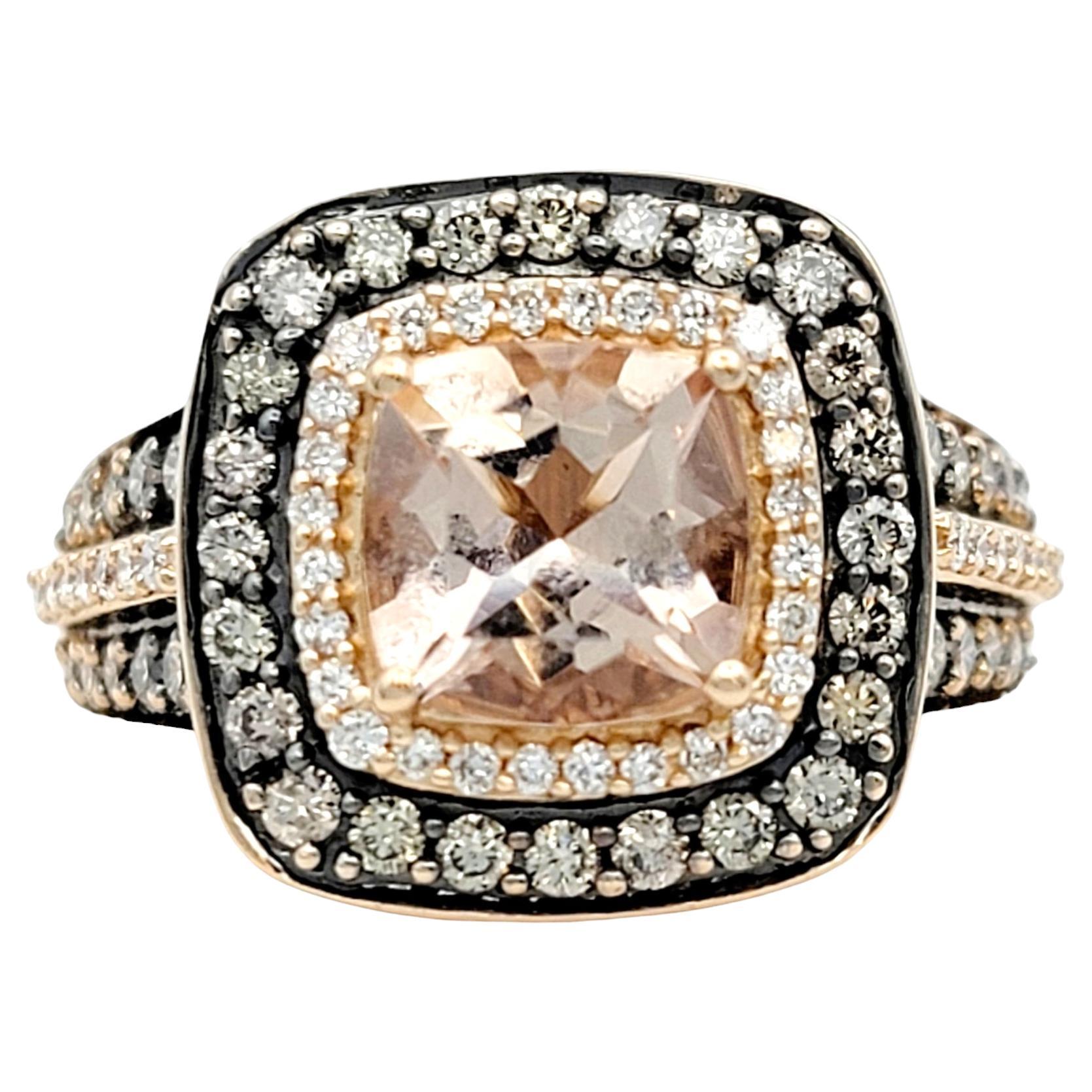 Le Vian Cushion Cut Morganite and Diamond Halo Cocktail Ring 14 Karat Rose Gold For Sale