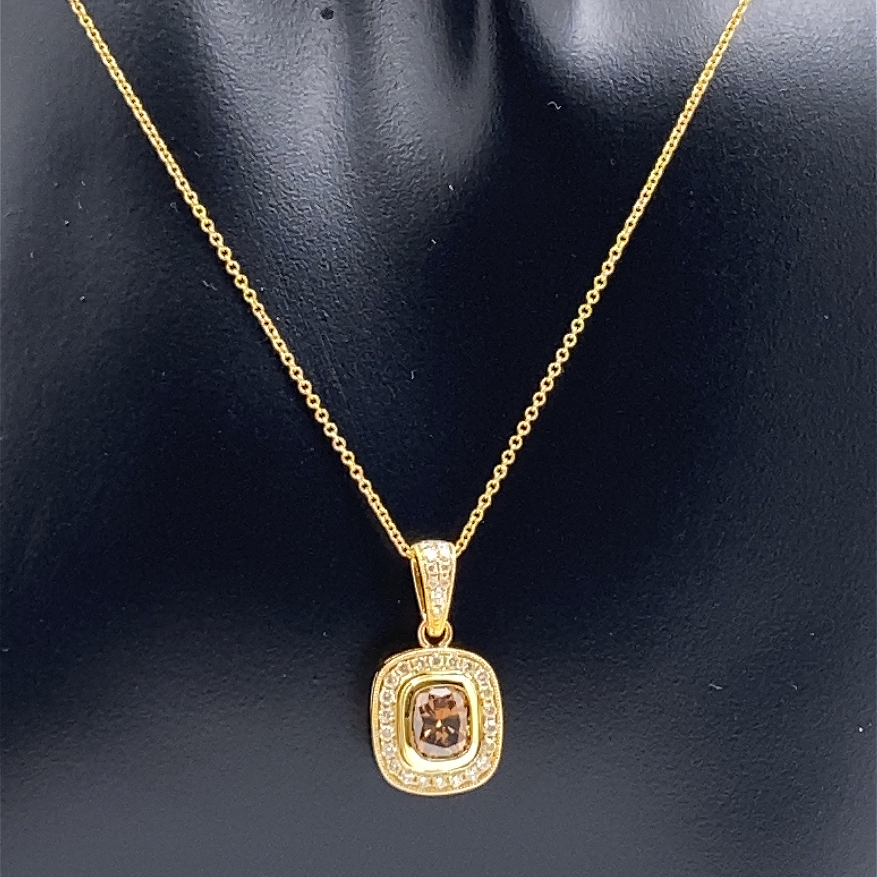 Levian Cushion Fancy Orangy Yellow Halo Pendant Necklace 18kt YG 1.57 tcw 6