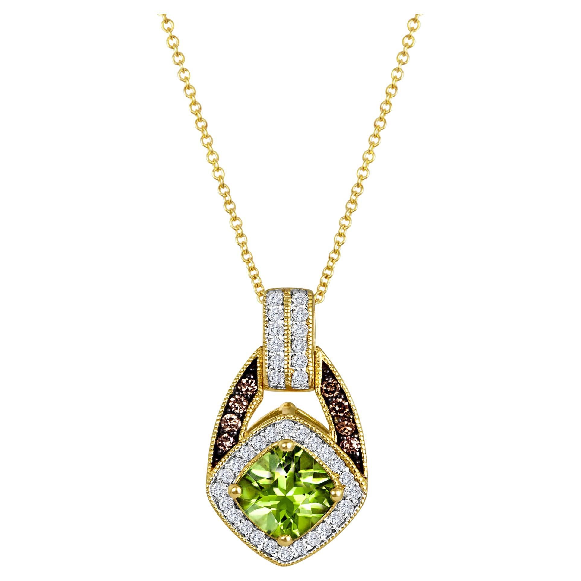 LeVian Cushion Peridot Chocolate Diamond Pendant in 14K Gold-2 1/2 cts-18" For Sale