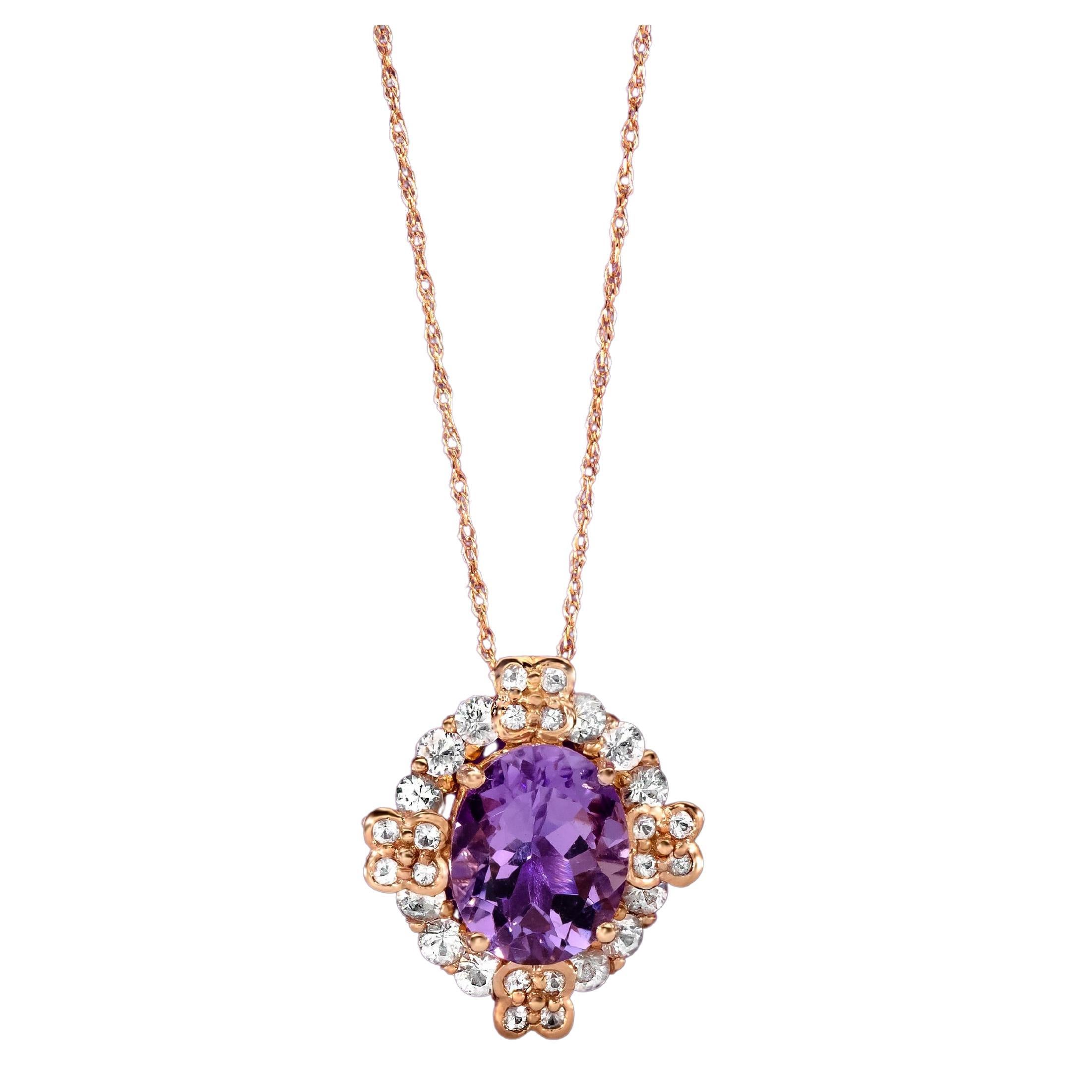 LeVian Cushion Pink Amethyst White Sapphire Pendant in 14K Rose Gold-3 Cts For Sale