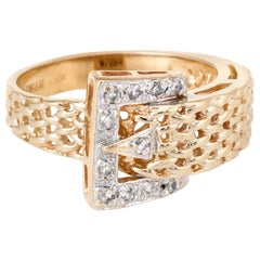 Retro LeVian Diamond Buckle Ring Estate 14 Karat Yellow Gold Fine Designer Jewelry