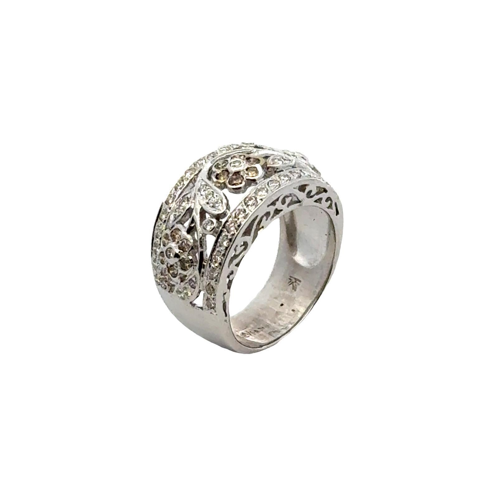 Round Cut LeVian Diamond Floral Design 14 Karat White Gold Modern Band Ring