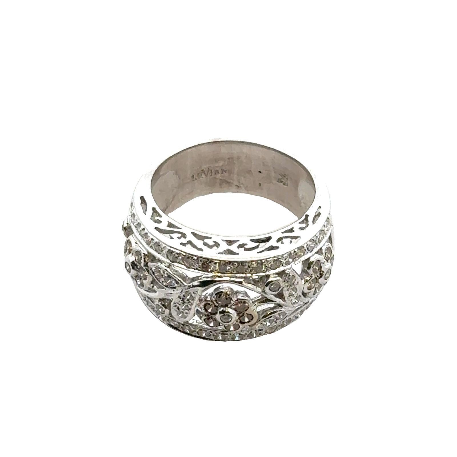 Women's LeVian Diamond Floral Design 14 Karat White Gold Modern Band Ring For Sale