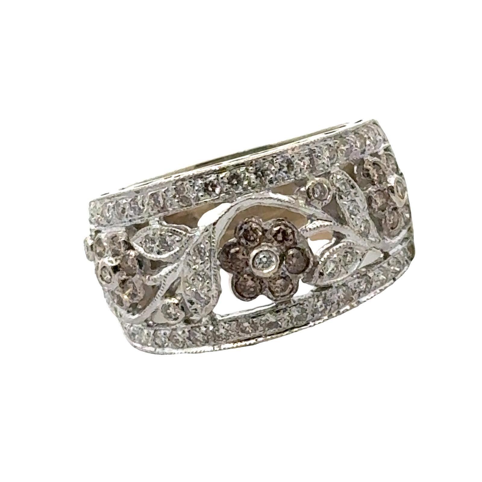 LeVian Diamond Floral Design 14 Karat White Gold Modern Band Ring For Sale 1