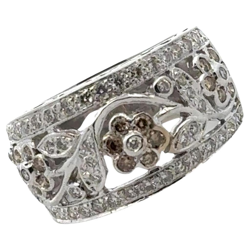 LeVian Diamond Floral Design 14 Karat White Gold Modern Band Ring For Sale