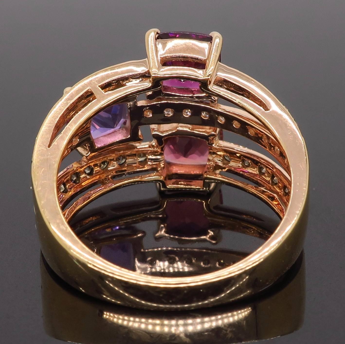 Le Vian Diamond, Rhodolite, Tourmaline and Amethyst Three-Row Ring In Excellent Condition In Webster, NY