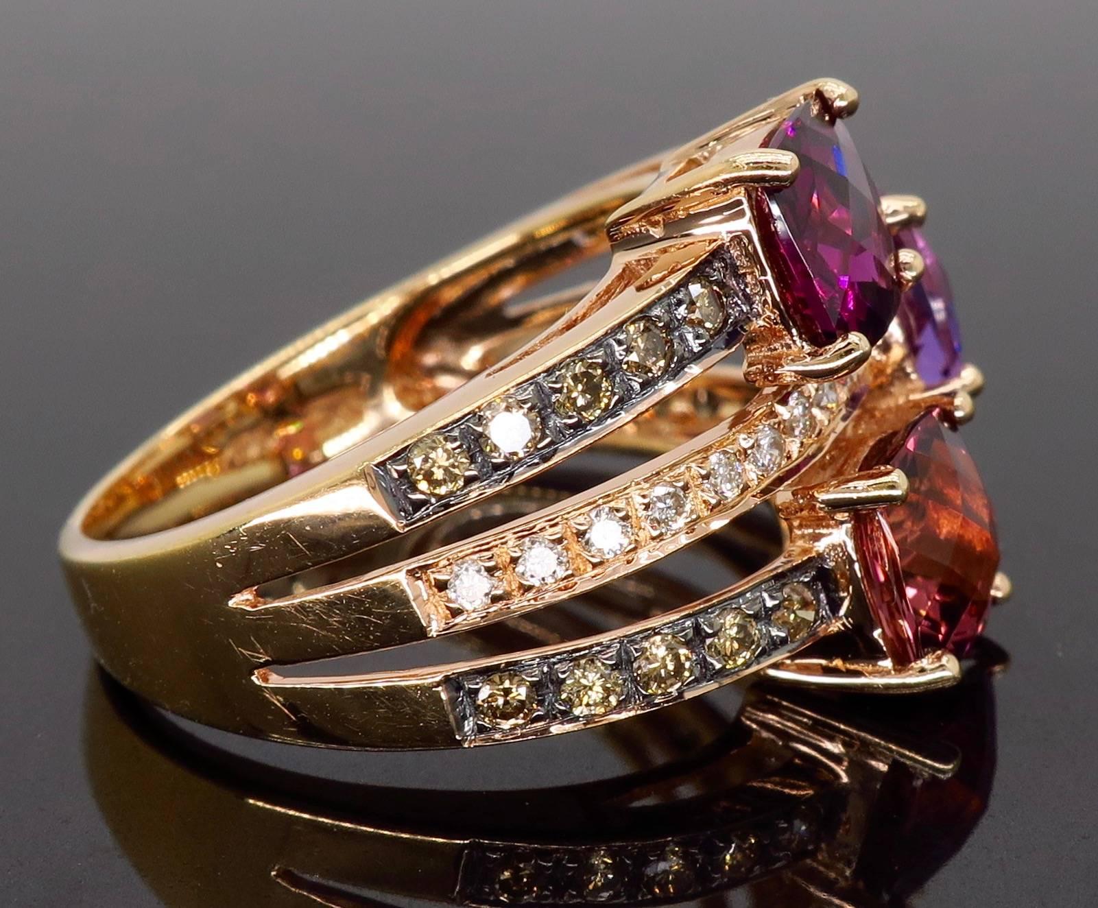 Women's or Men's Le Vian Diamond, Rhodolite, Tourmaline and Amethyst Three-Row Ring
