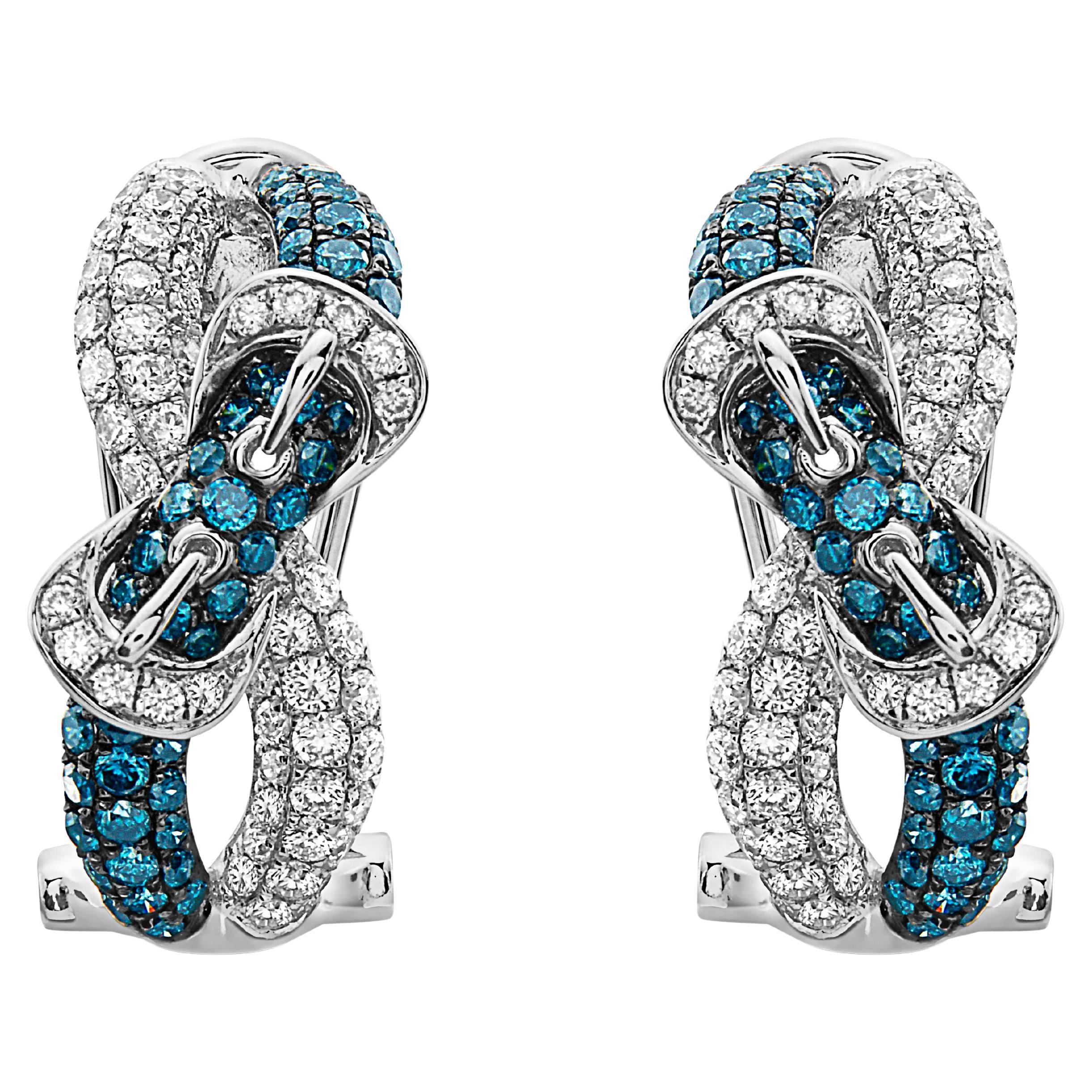 Levian Earrings 1 3/4 Cts Blue and White Natural Diamonds, Set in 14K White Gold For Sale