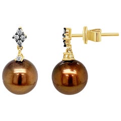 LeVian Earrings, Brown Pearls, Chocolate & White Diamonds in 14K Yellow Gold