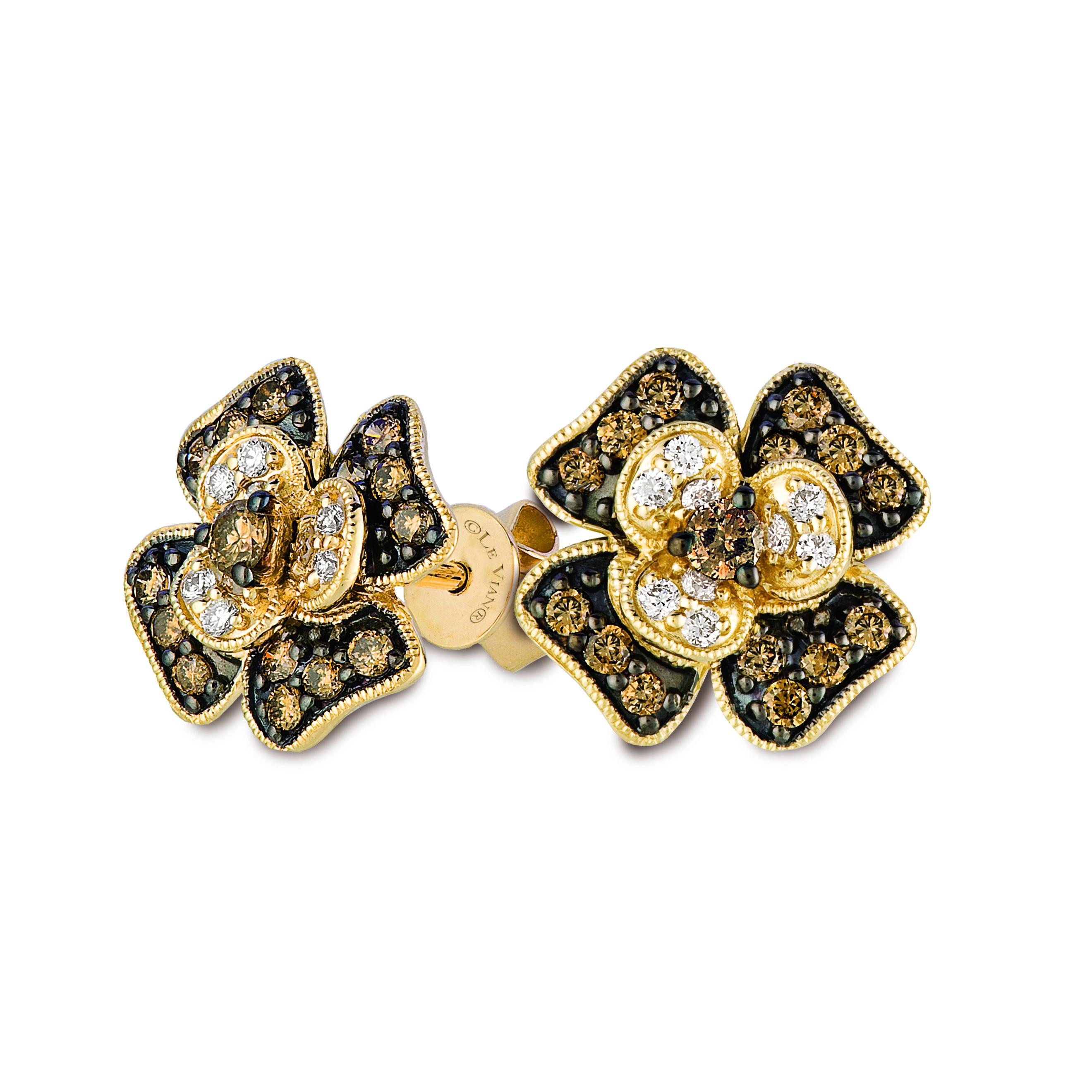 Clous d'oreilles LeVian en or jaune 14 carats avec diamants couleur chocolat 1/2 Cts en vente