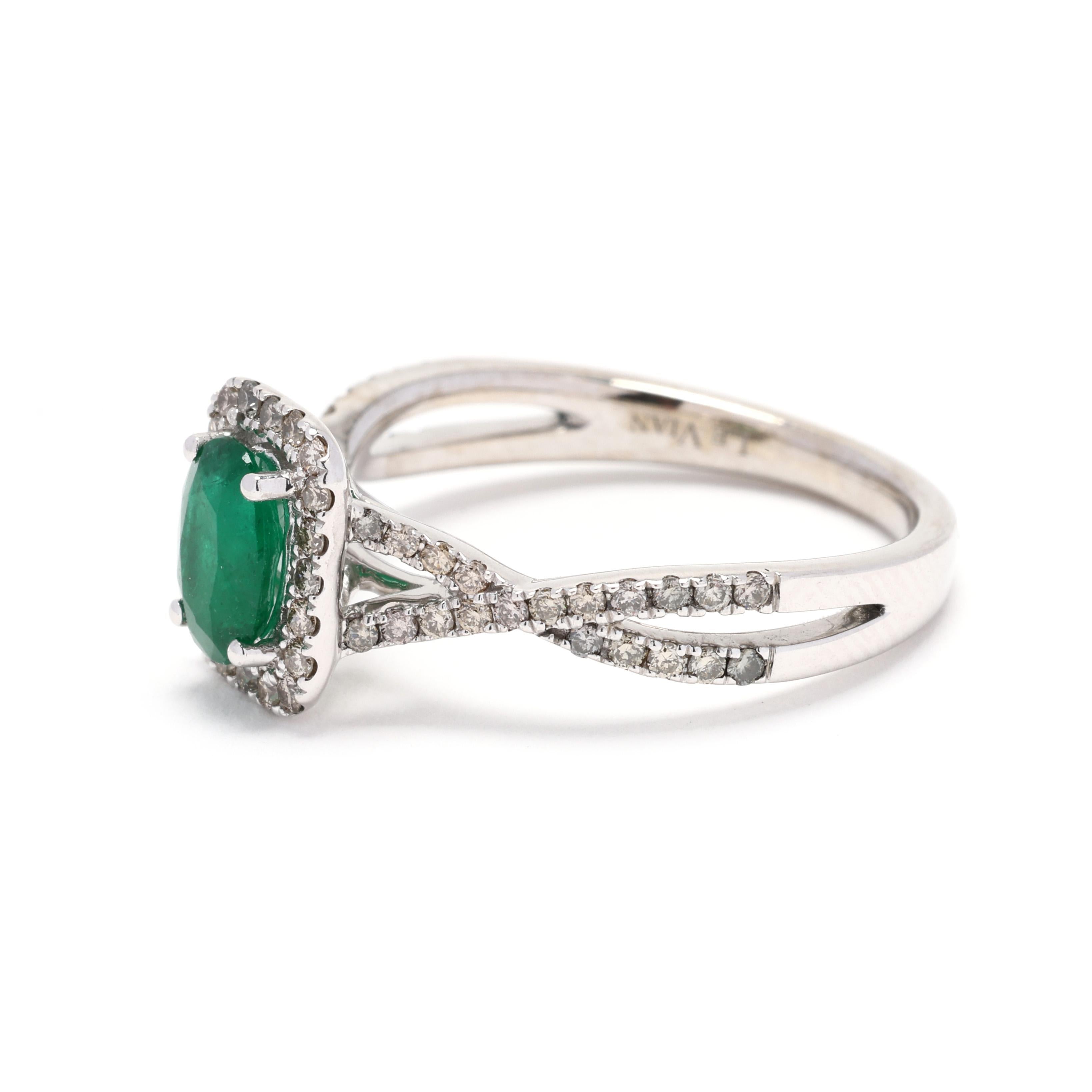 LeVian Emerald and Diamond Statement Ring, 14k White Gold, Ring Size 7 In Good Condition In McLeansville, NC