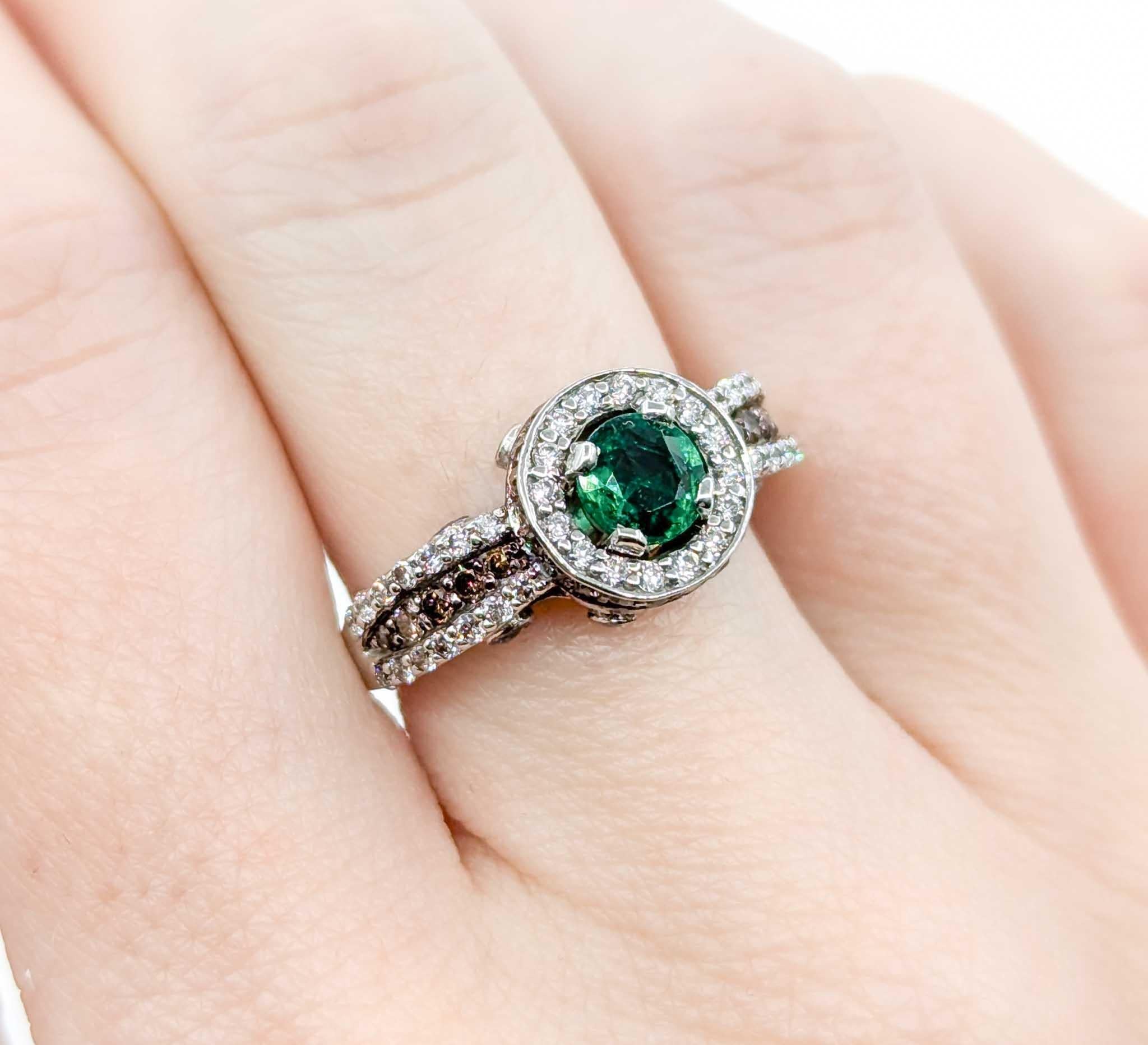 Round Cut LeVian Emerald & Diamond Ring in 14k White Gold For Sale