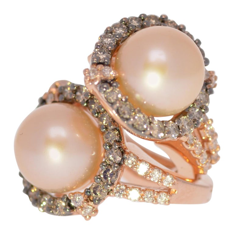 Levian Estate Diamond and Pearl 14 Karat Rose Gold Earrings For Sale at 1stdibs