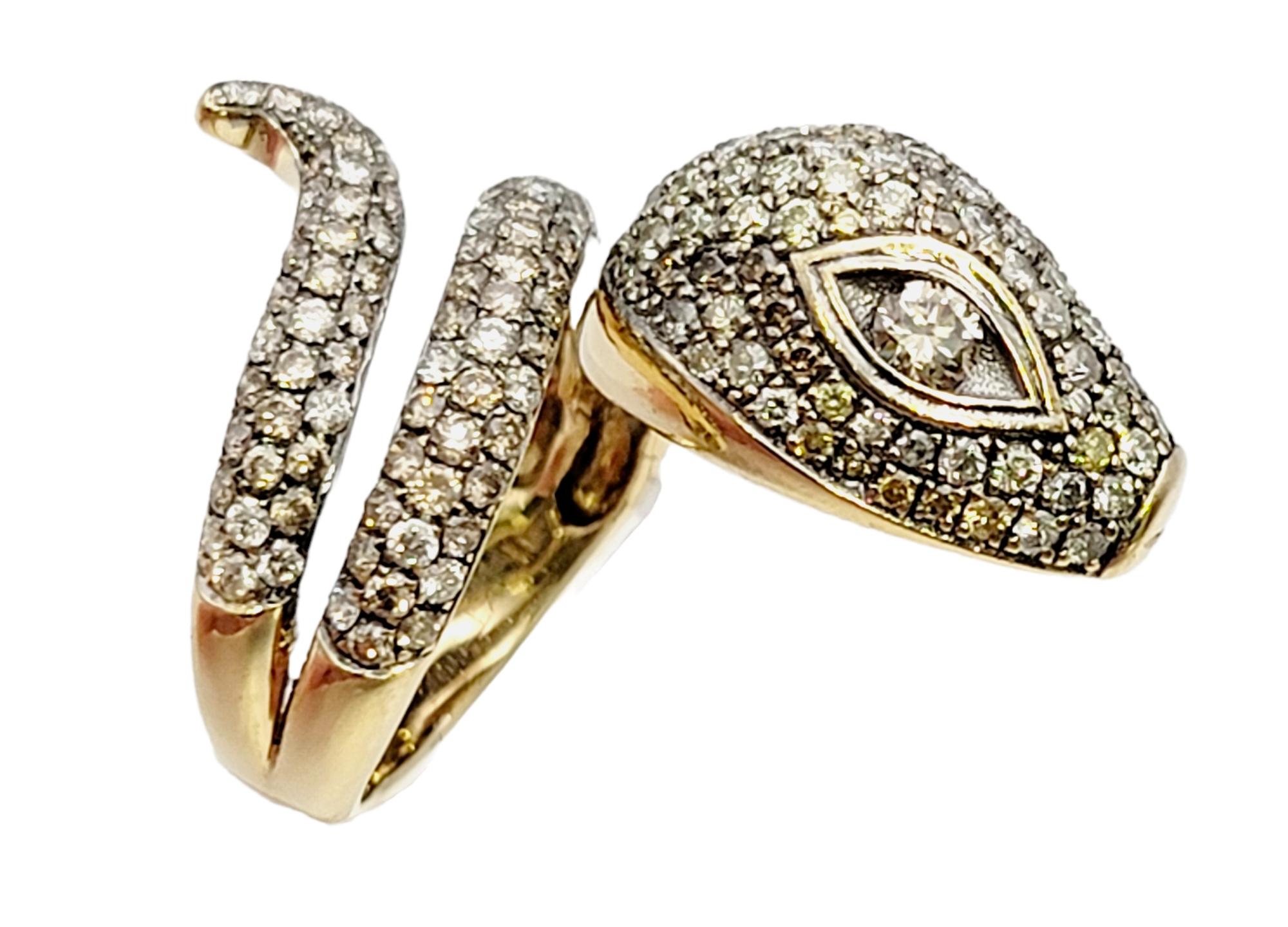 Ring size: 5.5

We absolutely adore this sparkling, slithering snake ring from popular jewelry designer, Le Vian. This dazzling designer piece wraps elegantly around the finger and fills it with sparkle. The sleek head of the snake is embellished in