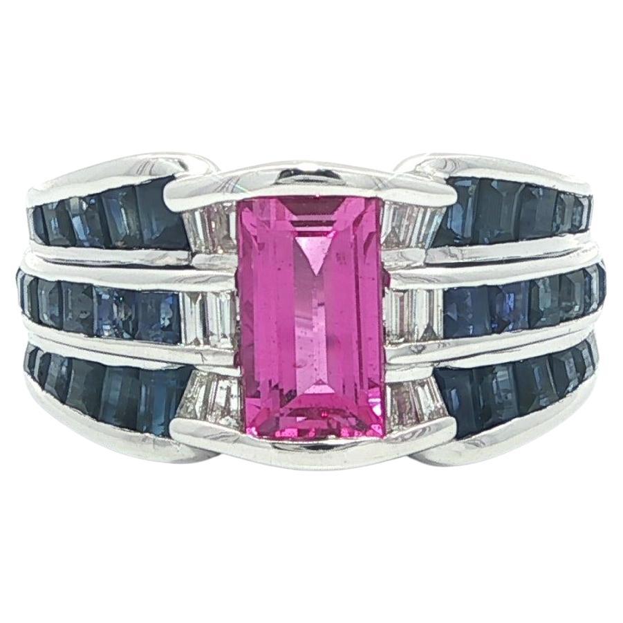 LeVian Gold Rectangular Pink 
Baguette Blue Sapphire Diamond Wide Band Ring For Sale