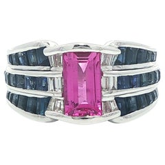 LeVian Gold Rectangular Pink 
Baguette Blue Sapphire Diamond Wide Band Ring