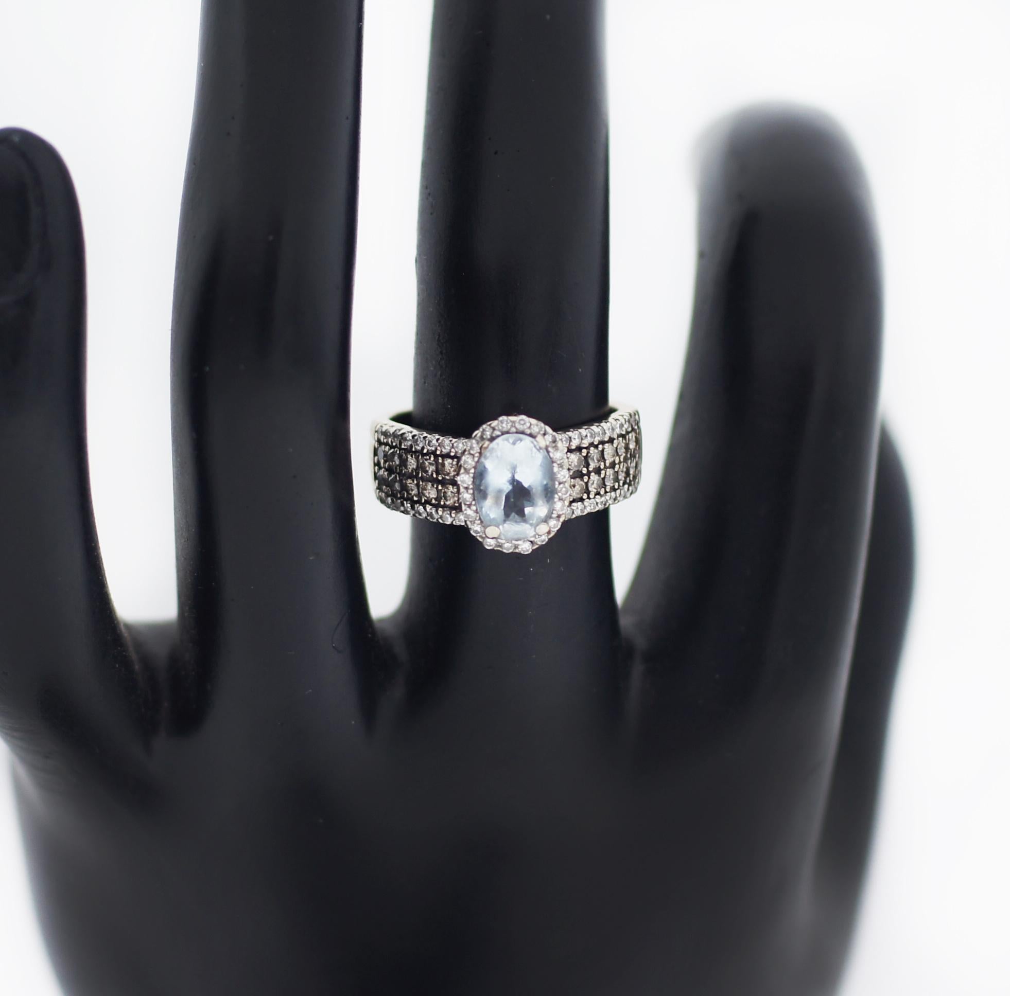 LeVian
Genuine Aquamarine
Chocolate and white Diamond Ring
You'll be enthralled by this aquamarine ring bordered by white and chocolate diamonds.
Metal: 14K white gold
Stones: Genuine oval aquamarine
Other Stones: ½ ct. t.w. white and chocolate