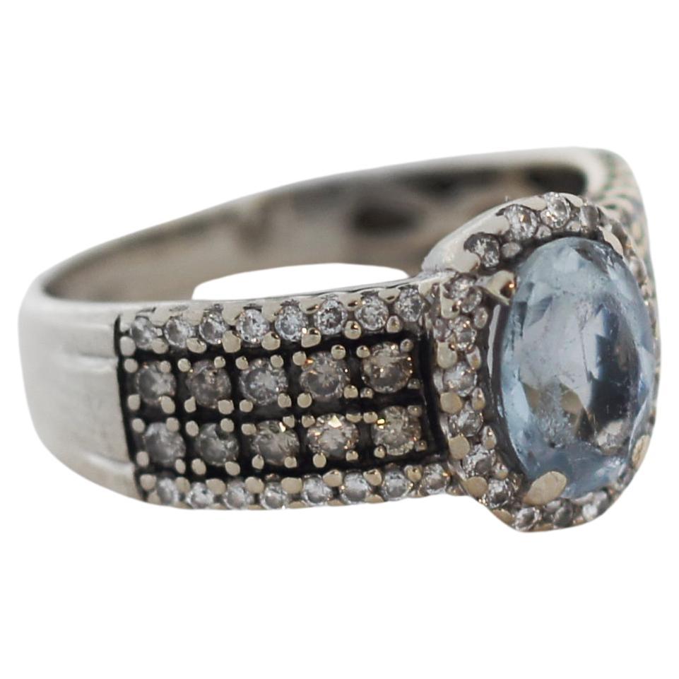 LeVian Grand Genuine Aquamarine, Chocolate and White Diamonds Ring For Sale