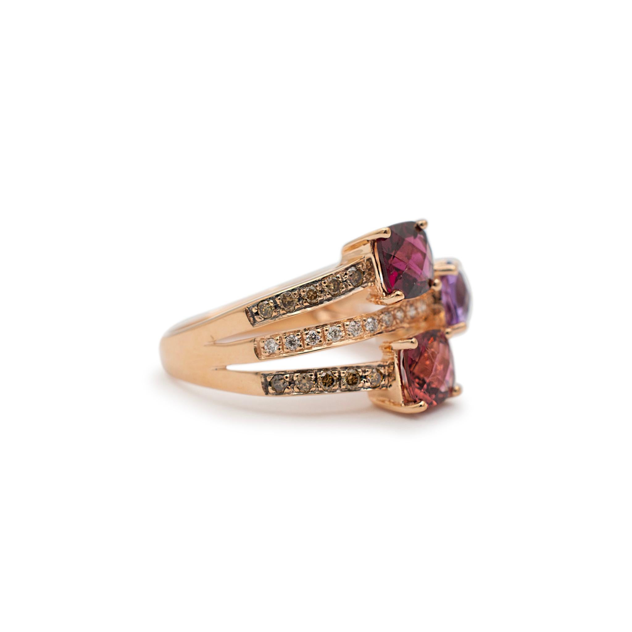 Levian Ladies 14K Rose Gold Tourmaline Rhodolite Diamond Three Row Cocktail Ring In Excellent Condition For Sale In Houston, TX