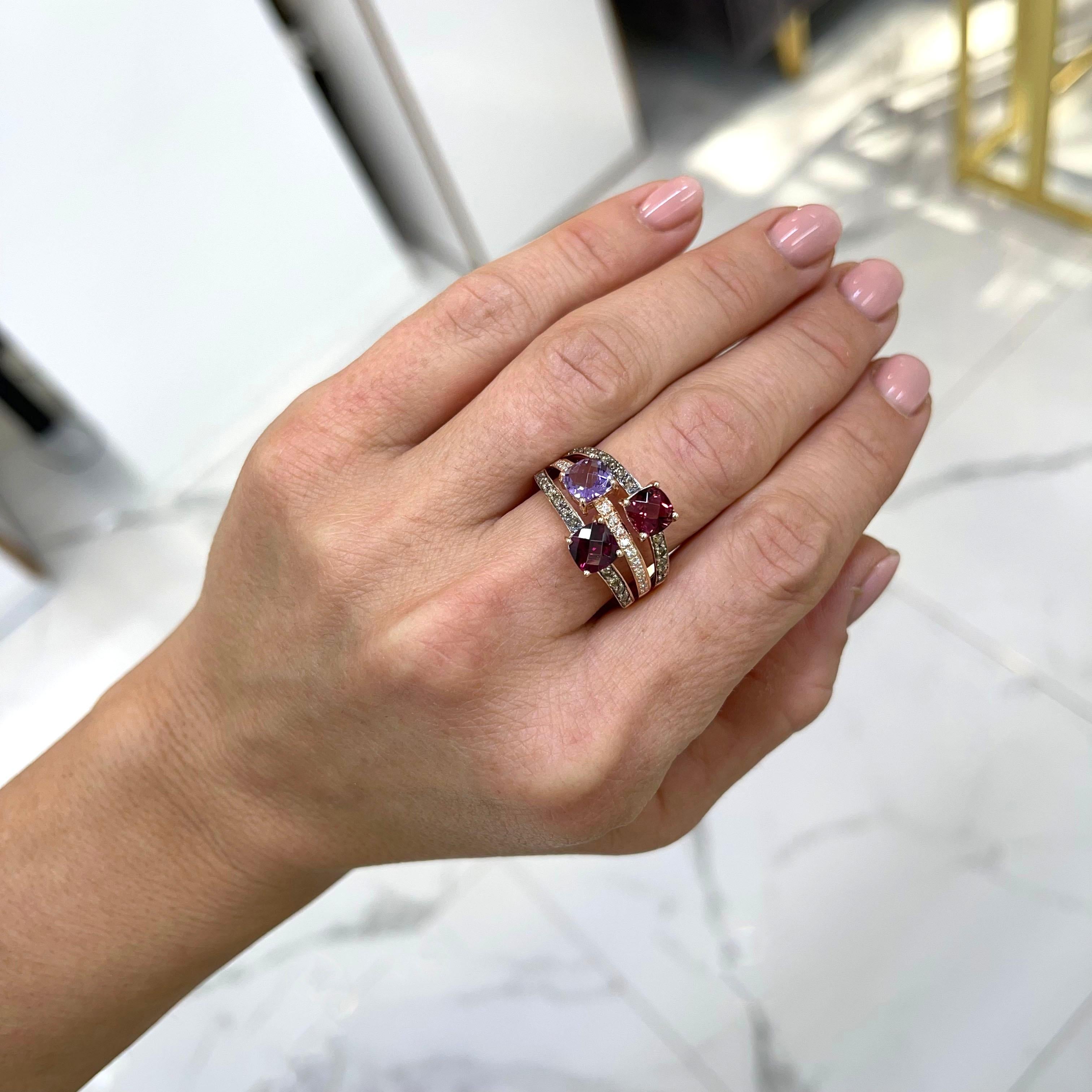 Levian Bague cocktail à trois rangées de tourmalines, rhodolite et diamants en or rose 14 carats pour femmes en vente 2