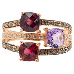 Levian Ladies 14K Rose Gold Tourmaline Rhodolite Diamond Three Row Cocktail Ring