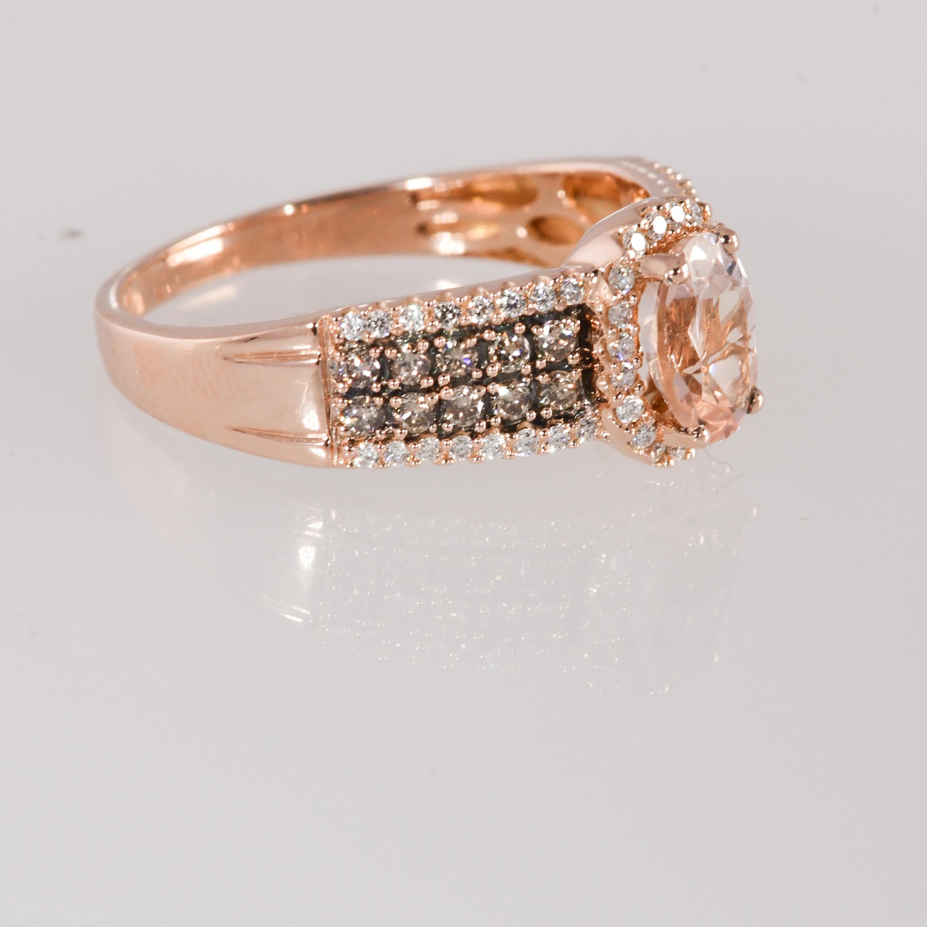 LeVian Morganite & .50 CTW Chocolate and White Diamond Rose Gold Ring 14K 
Diamond:  CTW .50    Color: HI   Clarity: SI1 and Chocolate 
Metal: Strawberry Gold (rose gold)  
Purity: 14K 
Total Gram Weight: 4.30 grams
Finger size is 9 3/4 
Please