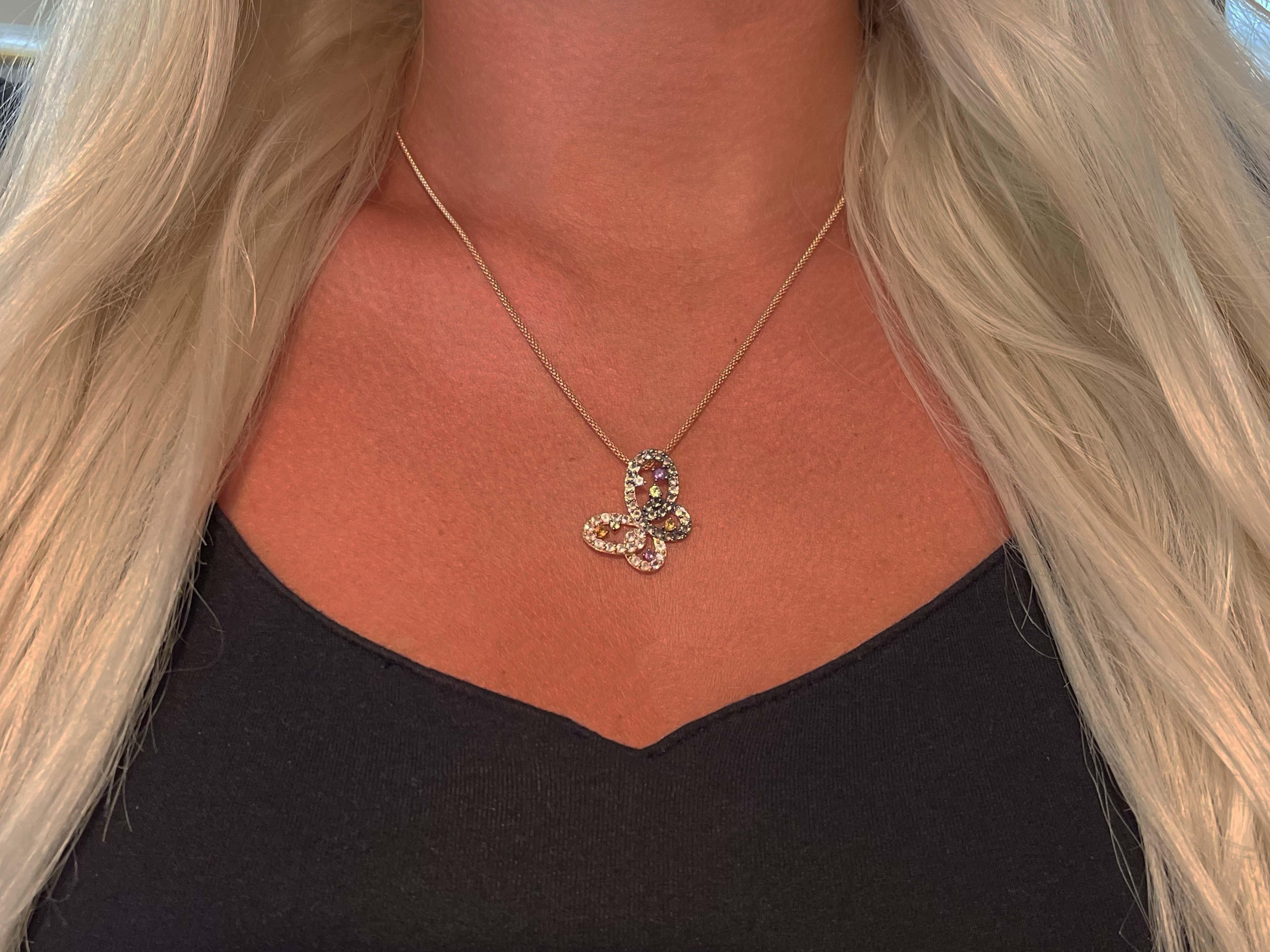 LeVian Multi Gemstone Butterfly Necklace in14K Rose Gold. This beautiful butterfly pendant is  set with 52 multi color gemstones including chocolate quartz vanilla sapphires, cotton candy and grape amethyst, cinnamon citrine and green apple peridot.