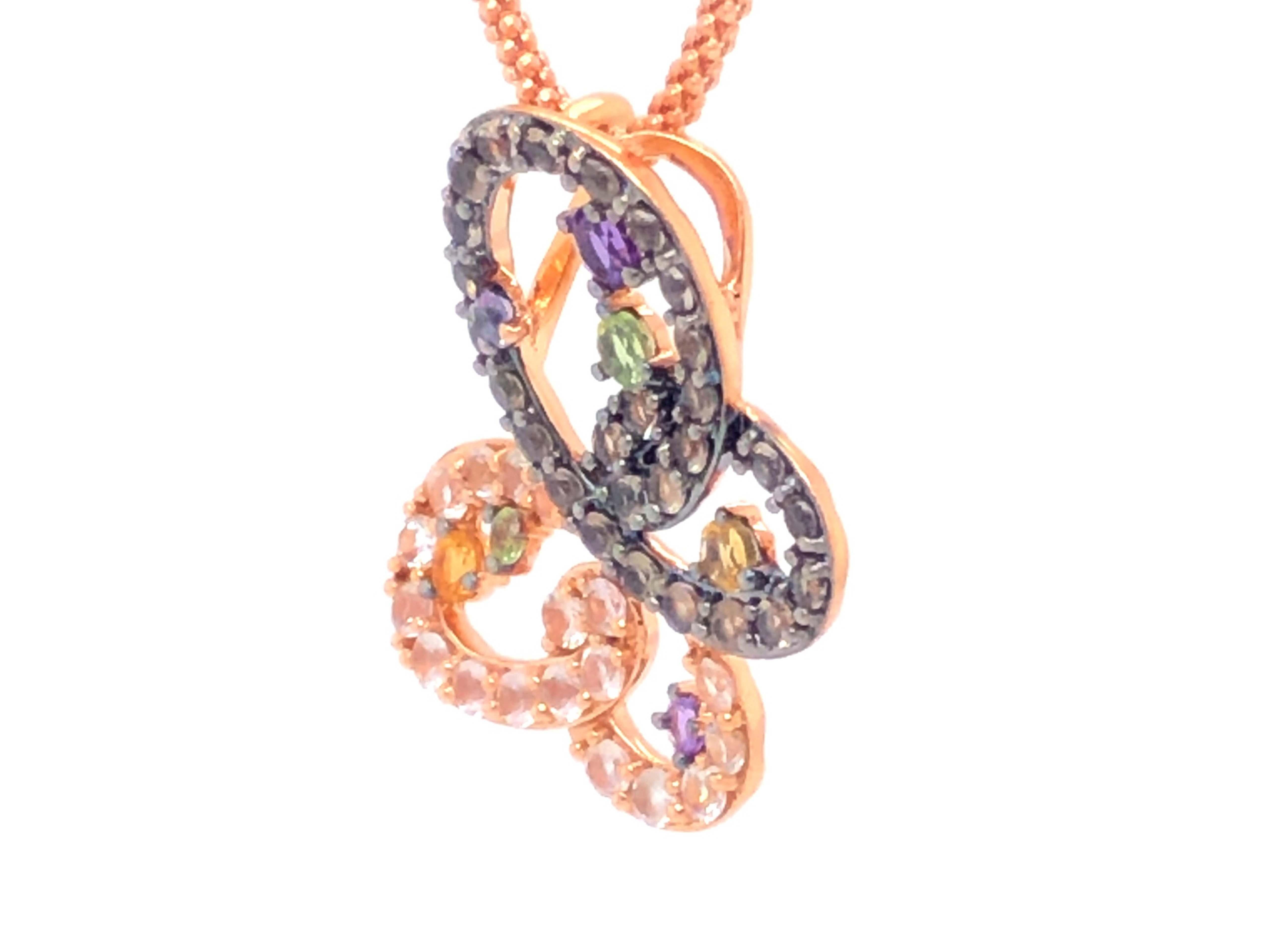 Round Cut LeVian Multi Gemstone Butterfly Necklace in 14K Rose Gold For Sale