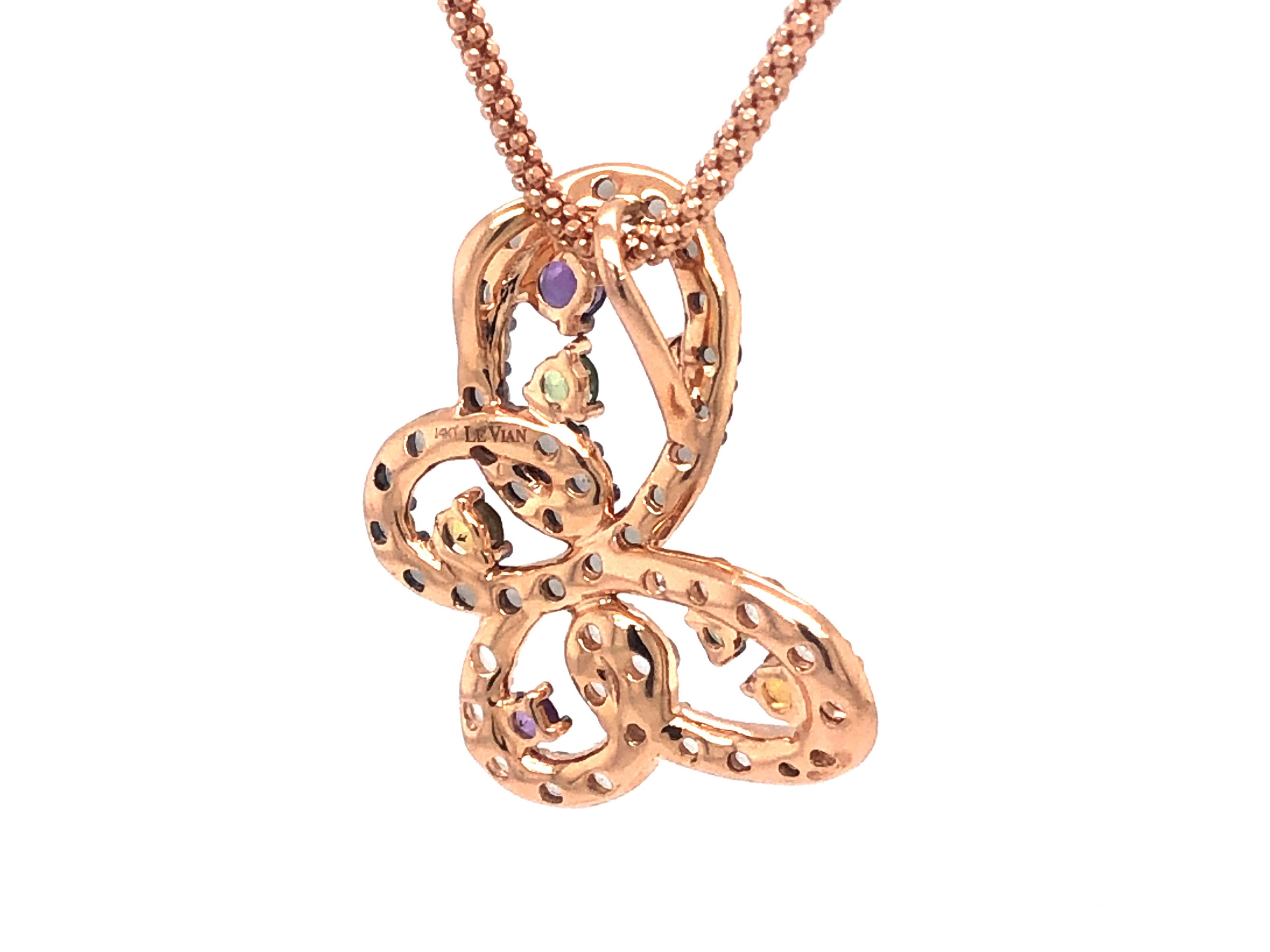 LeVian Multi Gemstone Butterfly Necklace in 14K Rose Gold In Excellent Condition For Sale In Honolulu, HI