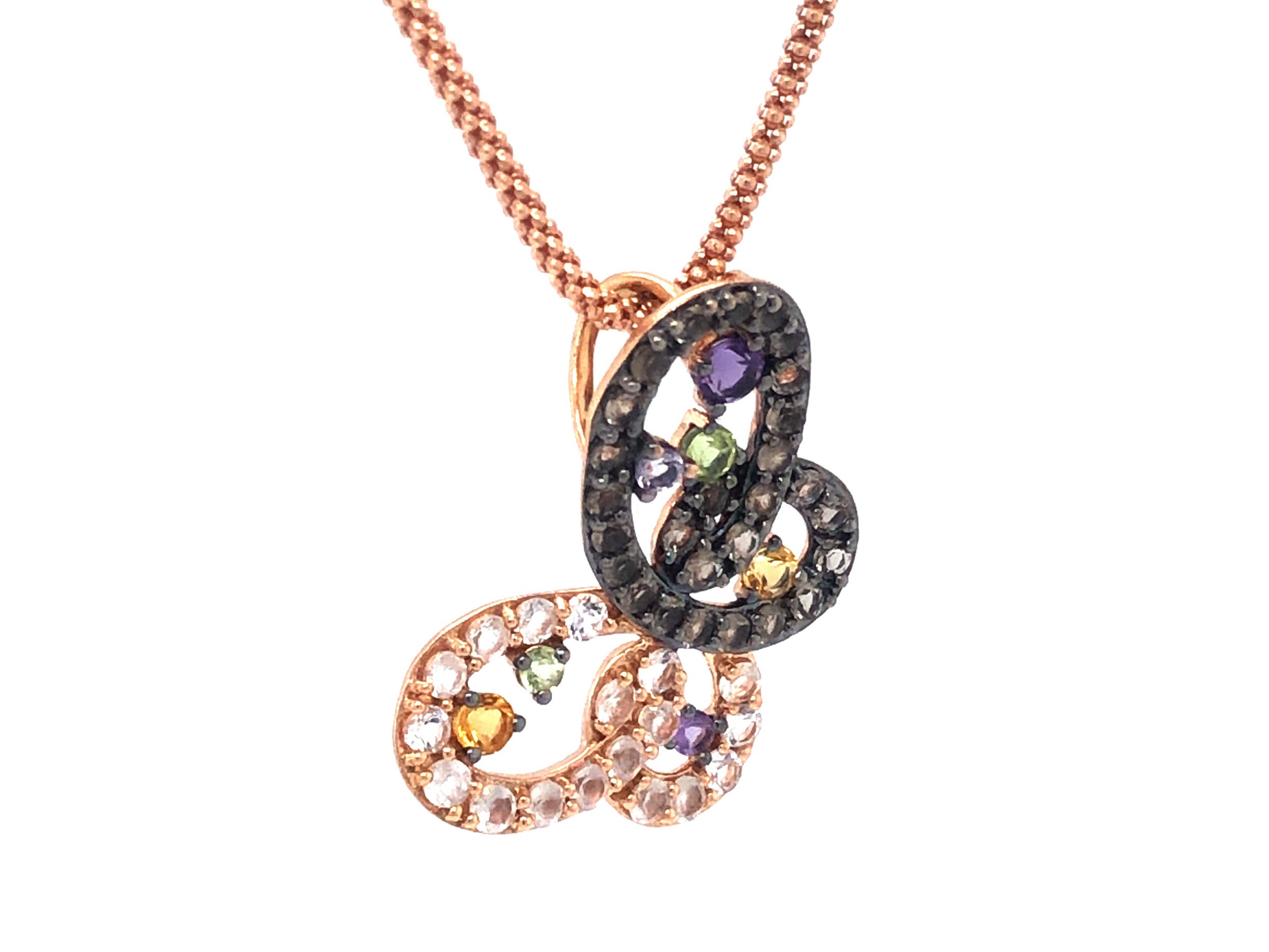 LeVian Multi Gemstone Butterfly Necklace in 14K Rose Gold In Excellent Condition In Honolulu, HI