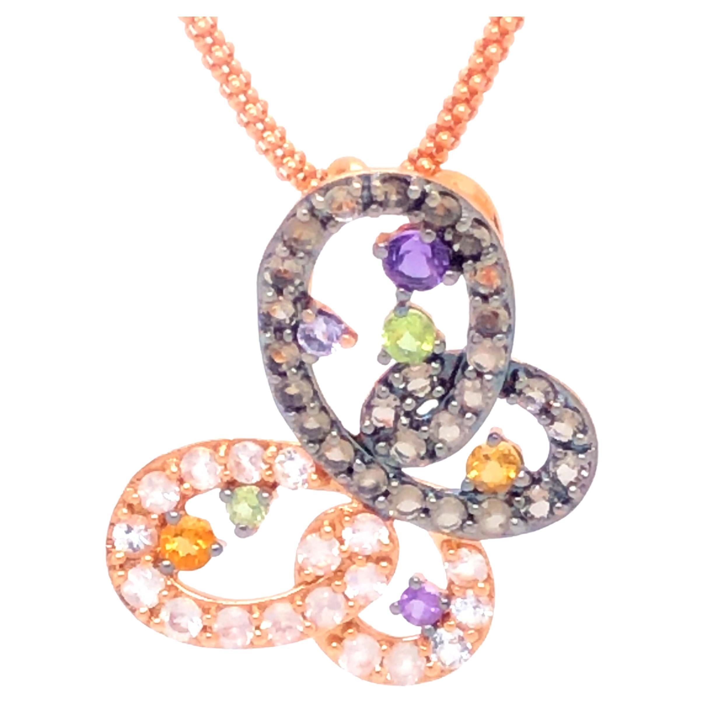 LeVian Multi Gemstone Butterfly Necklace in 14K Rose Gold For Sale