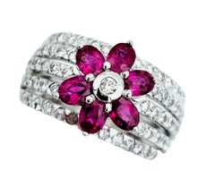 Le Vian Multi Row Pavé Diamond Band Ring with Ruby Flower in 18 Karat White Gold