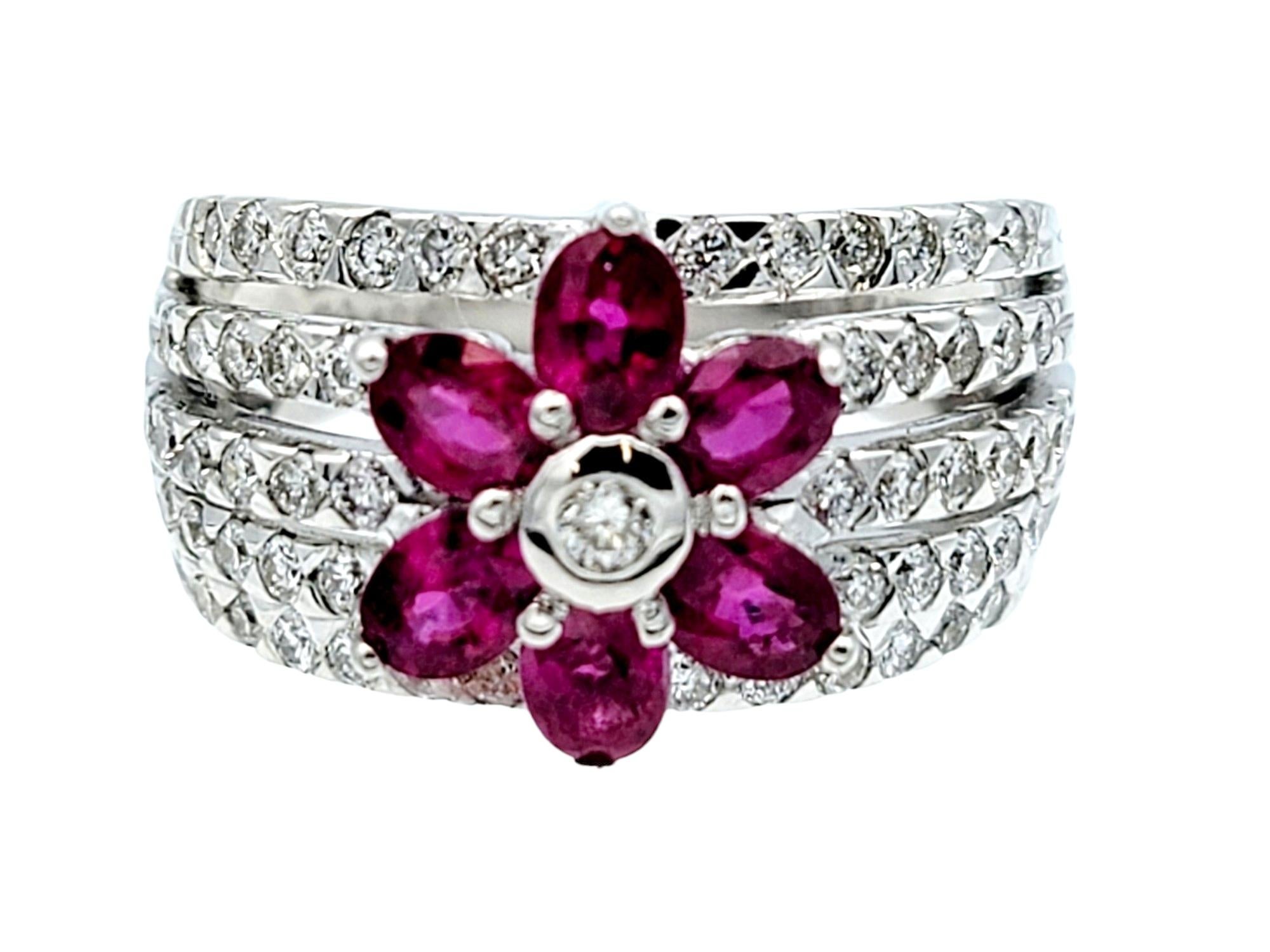 Contemporary Le Vian Multi Row Diamond Band Ring with Ruby Flower Motif, 18 Karat White Gold For Sale