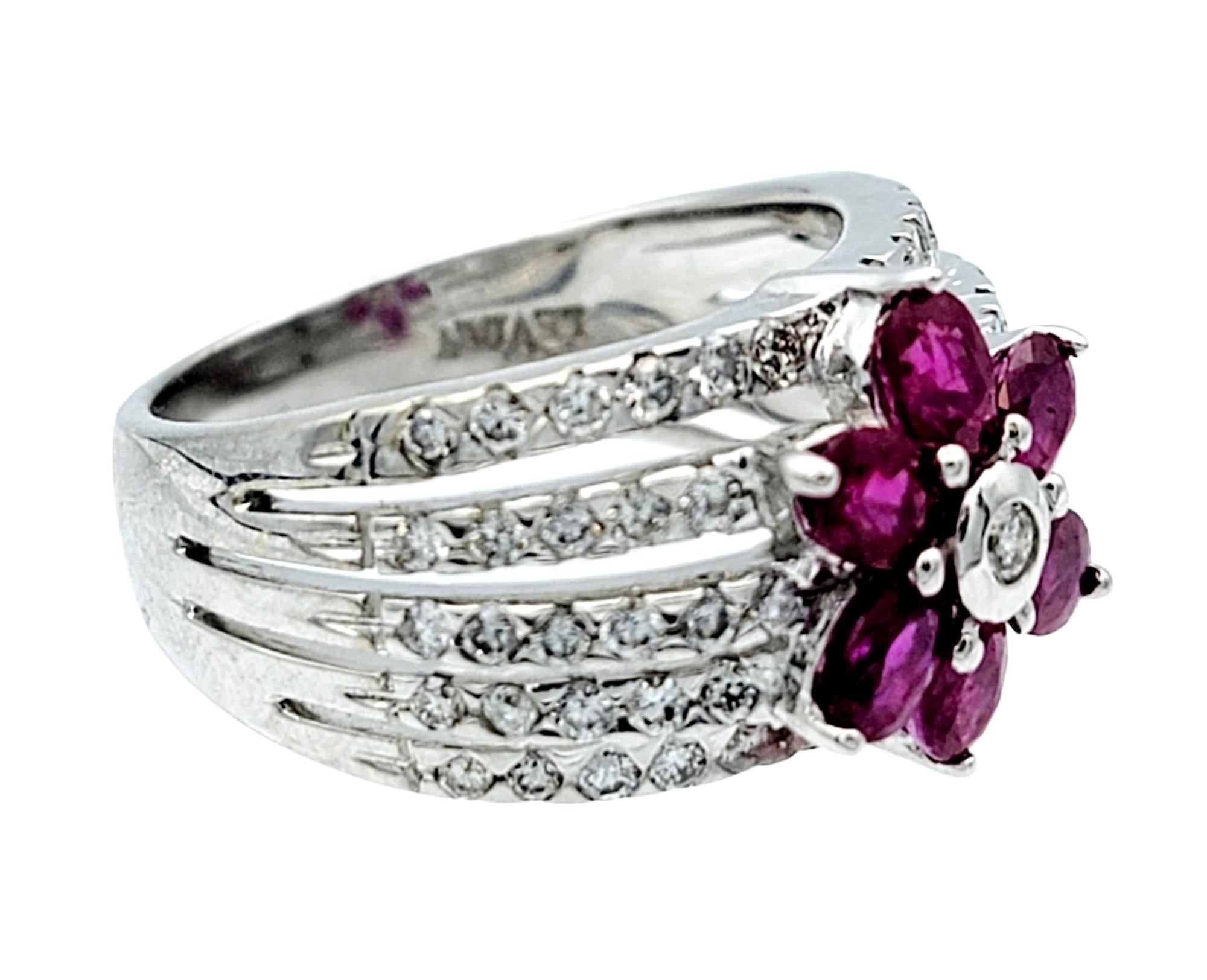 Round Cut Le Vian Multi Row Diamond Band Ring with Ruby Flower Motif, 18 Karat White Gold For Sale