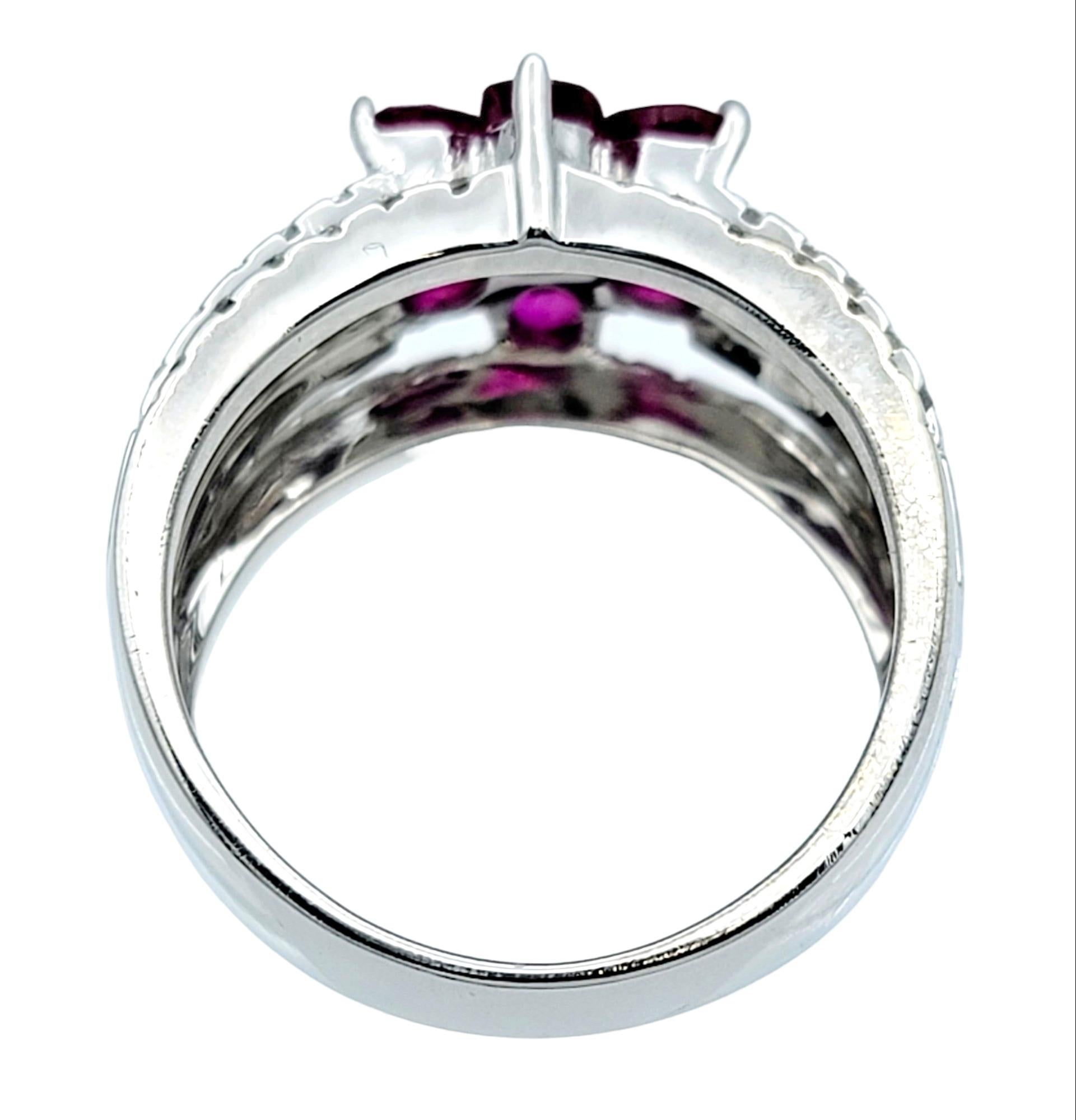 Le Vian Multi Row Diamond Band Ring with Ruby Flower Motif, 18 Karat White Gold In Good Condition For Sale In Scottsdale, AZ