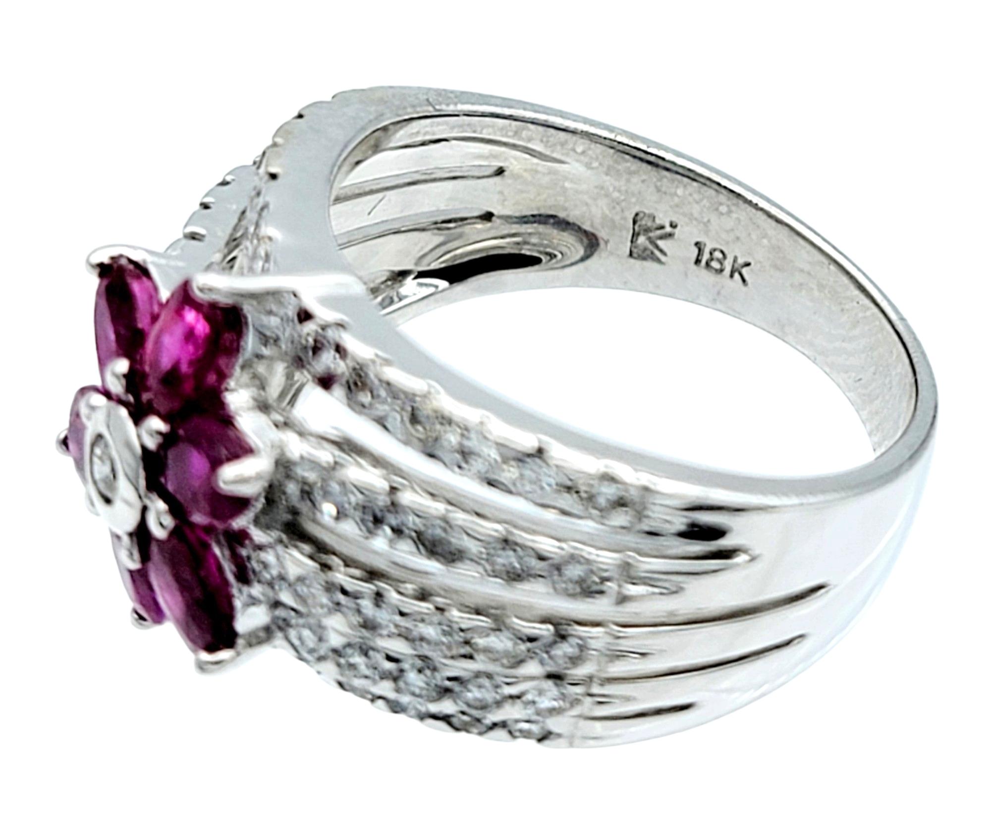 Women's Le Vian Multi Row Diamond Band Ring with Ruby Flower Motif, 18 Karat White Gold For Sale