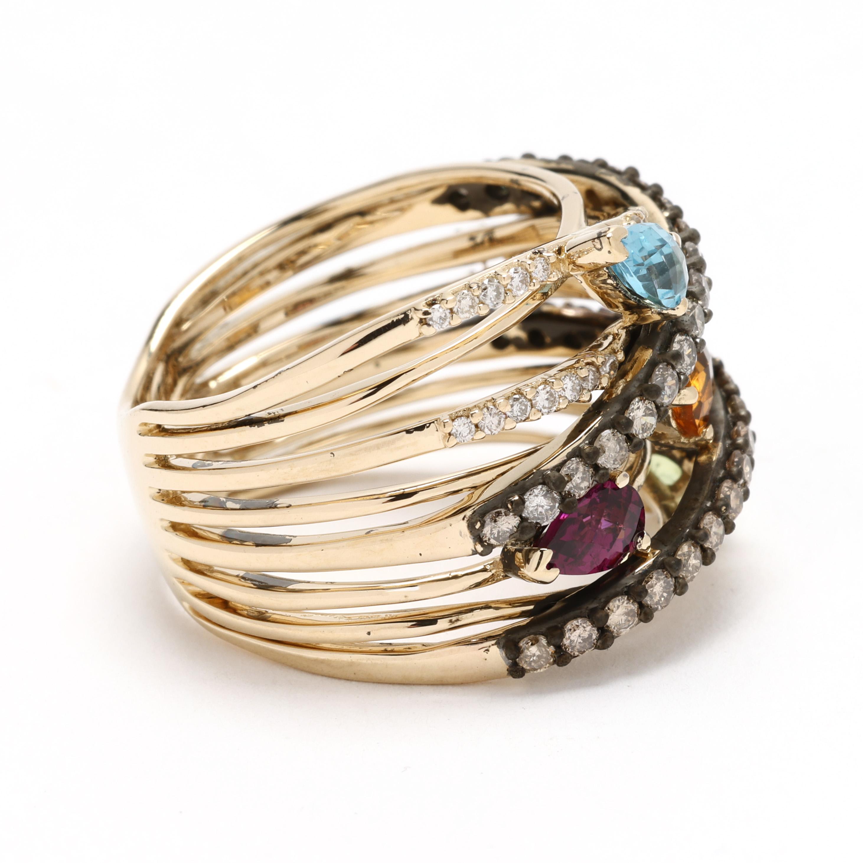 Make a statement with this stunning LeVian Multi-Stone Layered Ring, crafted in 14k yellow gold. Featuring an exquisite array of vibrant gemstones, this bold and luxurious design captures the eye with its intricate layers and dazzling sparkle.
