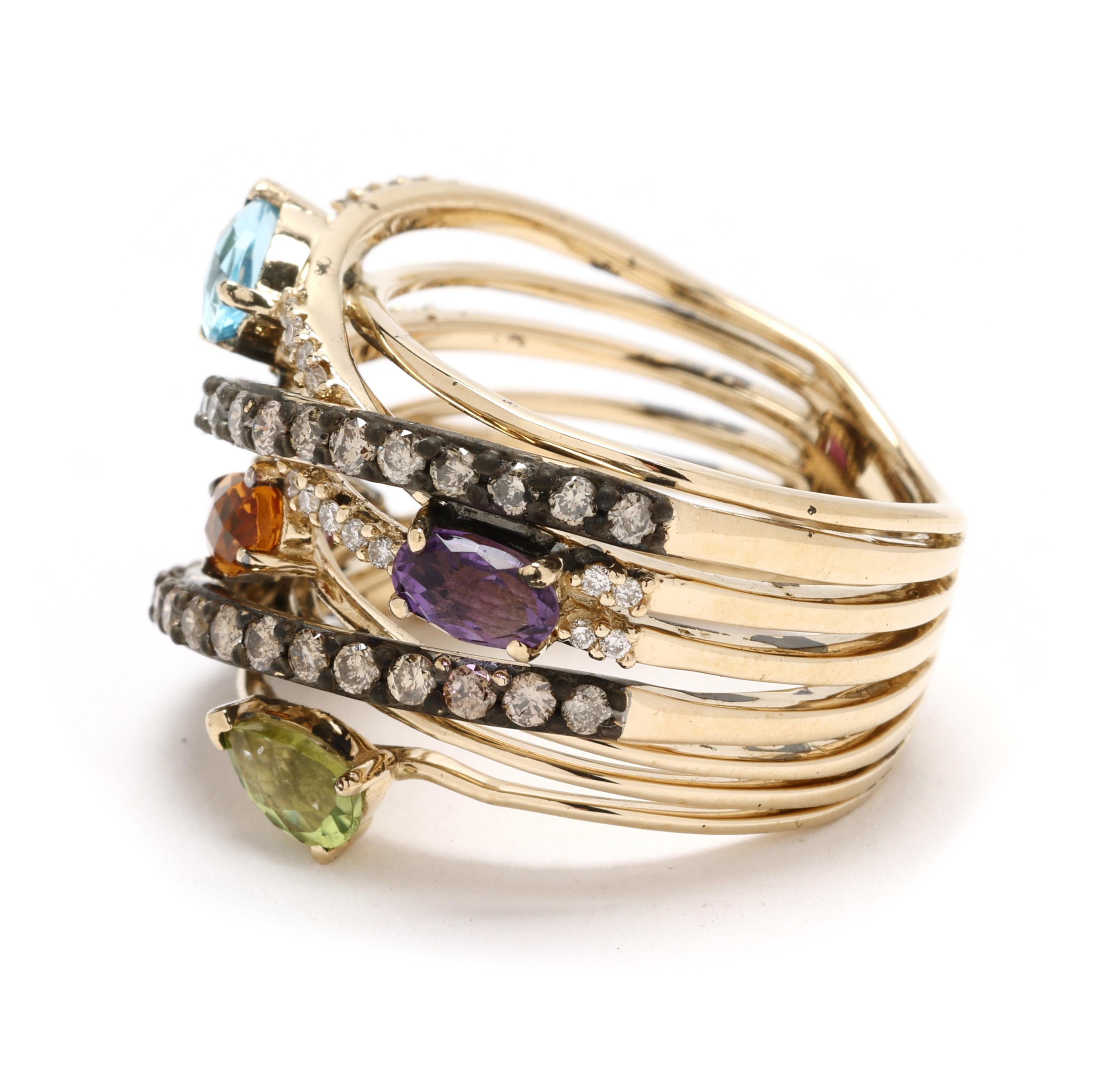 LeVian Multi Stone Layered Statement Ring, 14k Yellow Gold, Ring Size 7 In Good Condition In McLeansville, NC