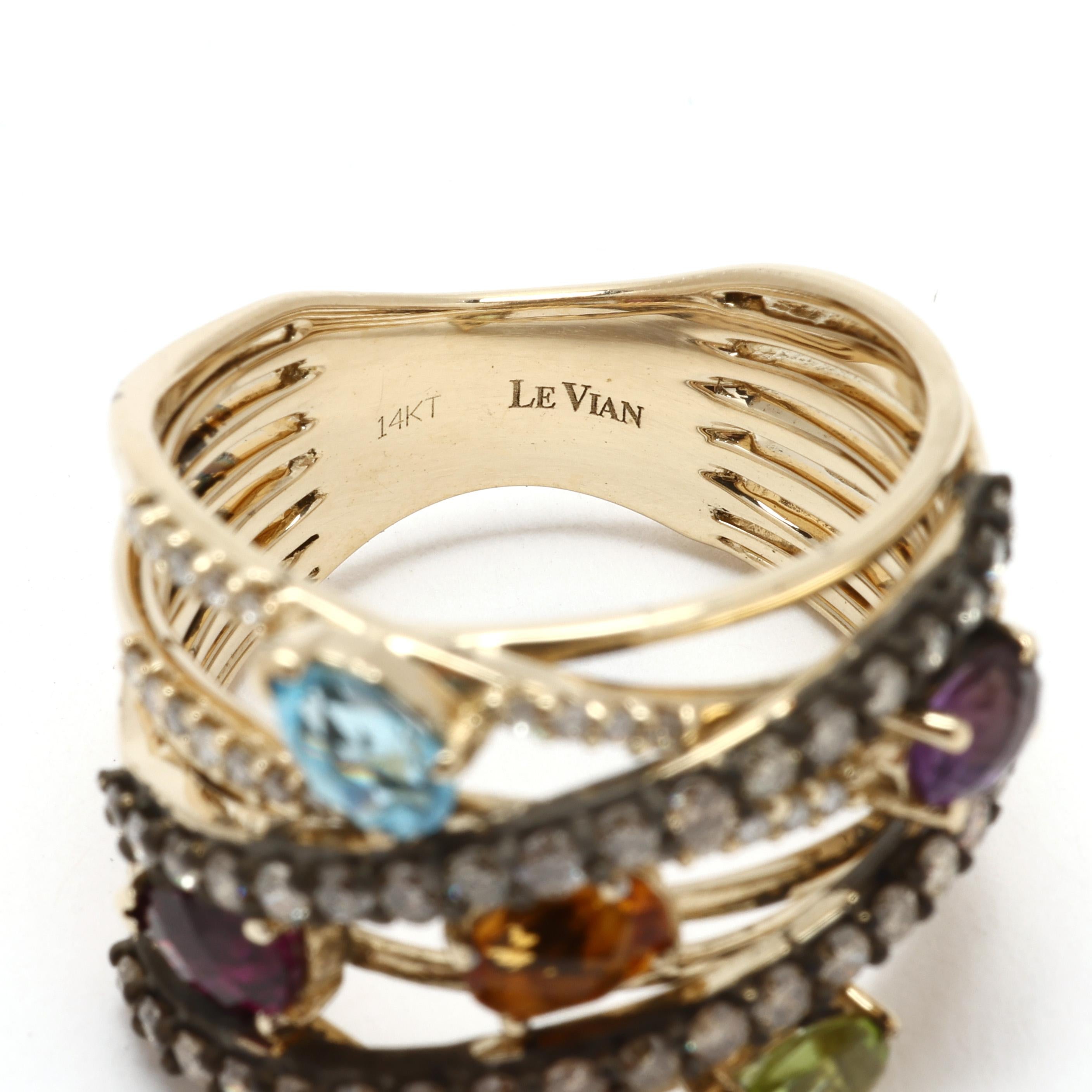 Women's LeVian Multi Stone Layered Statement Ring, 14k Yellow Gold, Ring Size 7