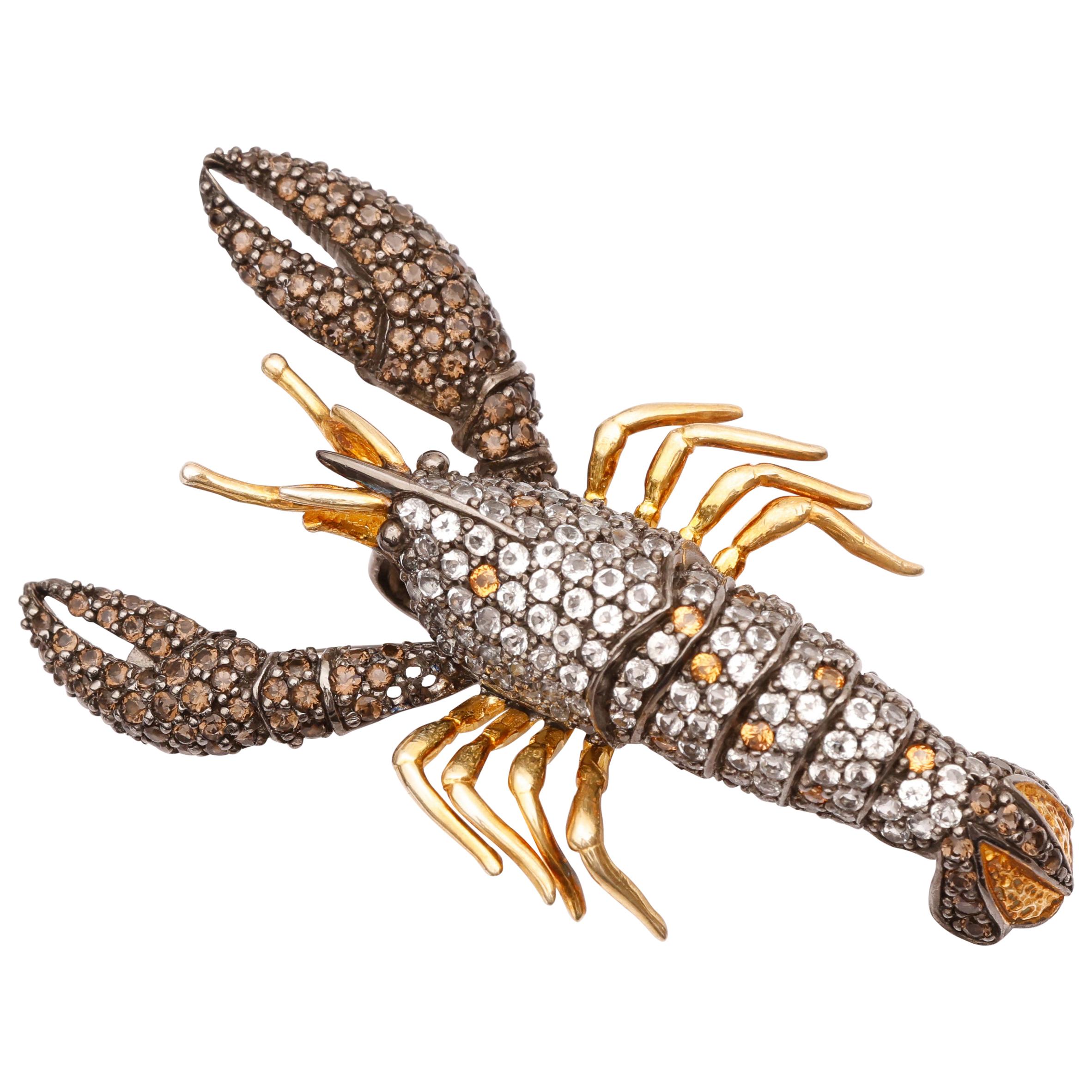 Levian Multigem Lobster Pin Brooch, Sterling Silver and 18 Karat Gold For Sale