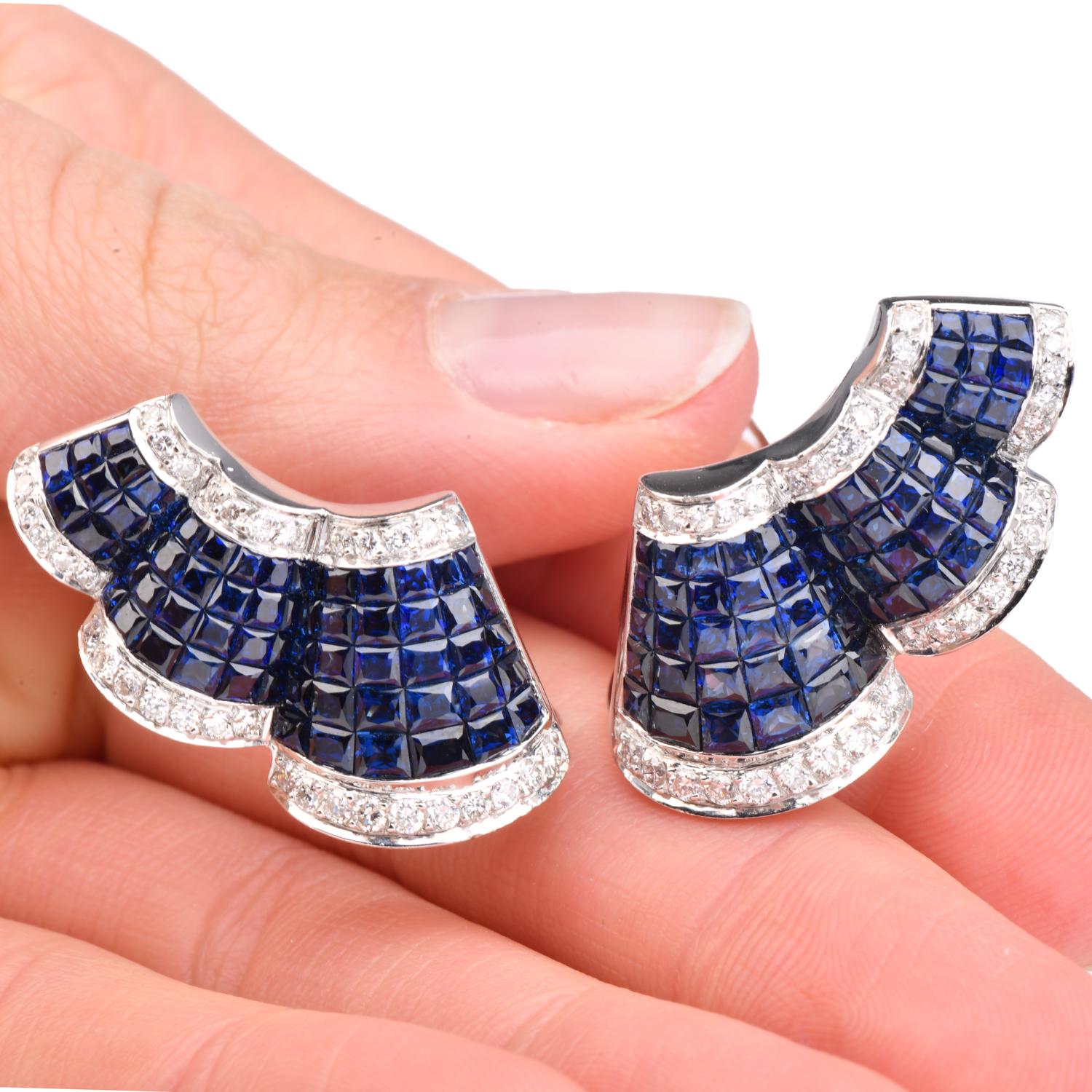 Square Cut LEVIAN Mystery-Set sapphire Diamond Gold Earrings