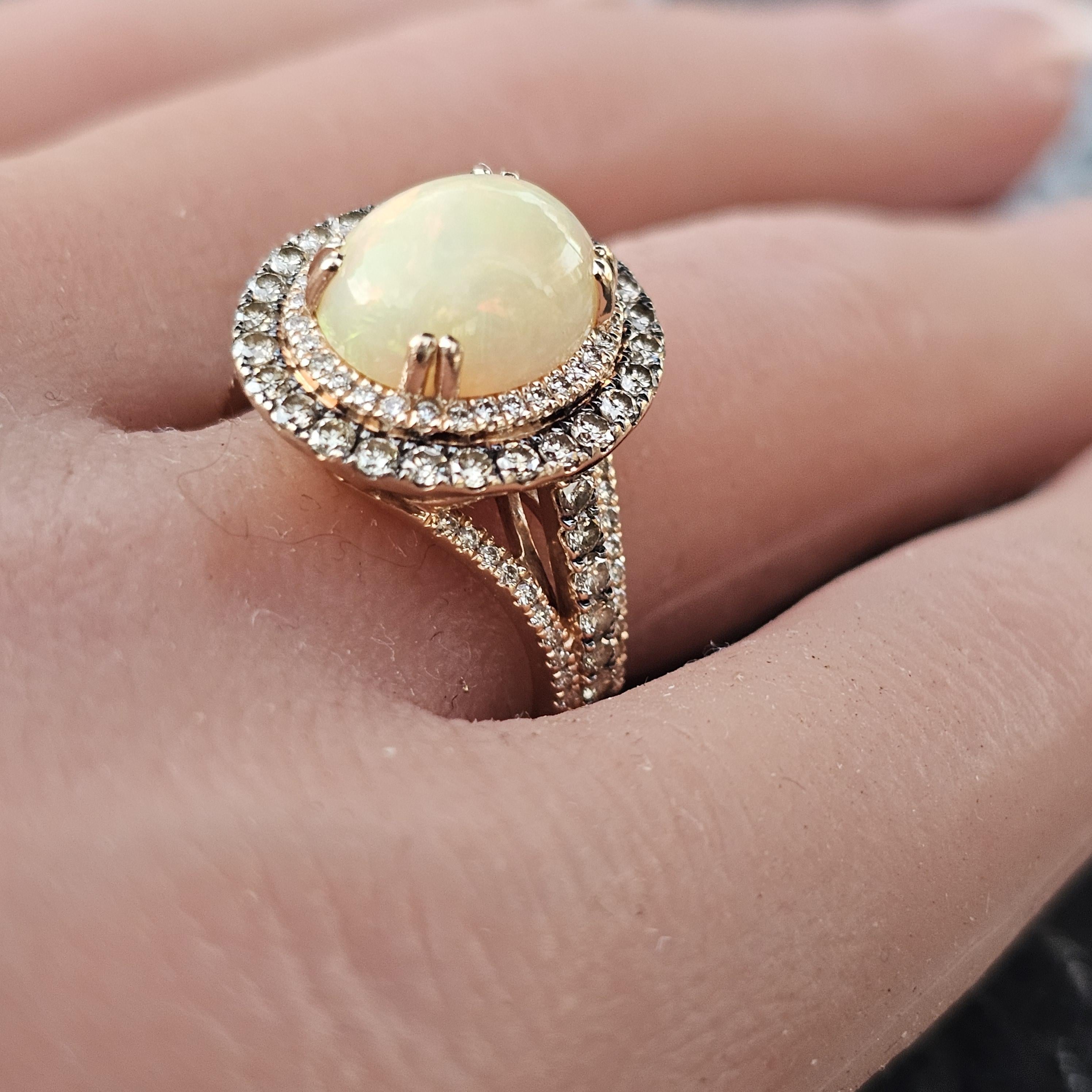 Taille cabochon Levian Opal Diamond Double Halo Ring 14k Rose Gold 6.9g sz 7 en vente